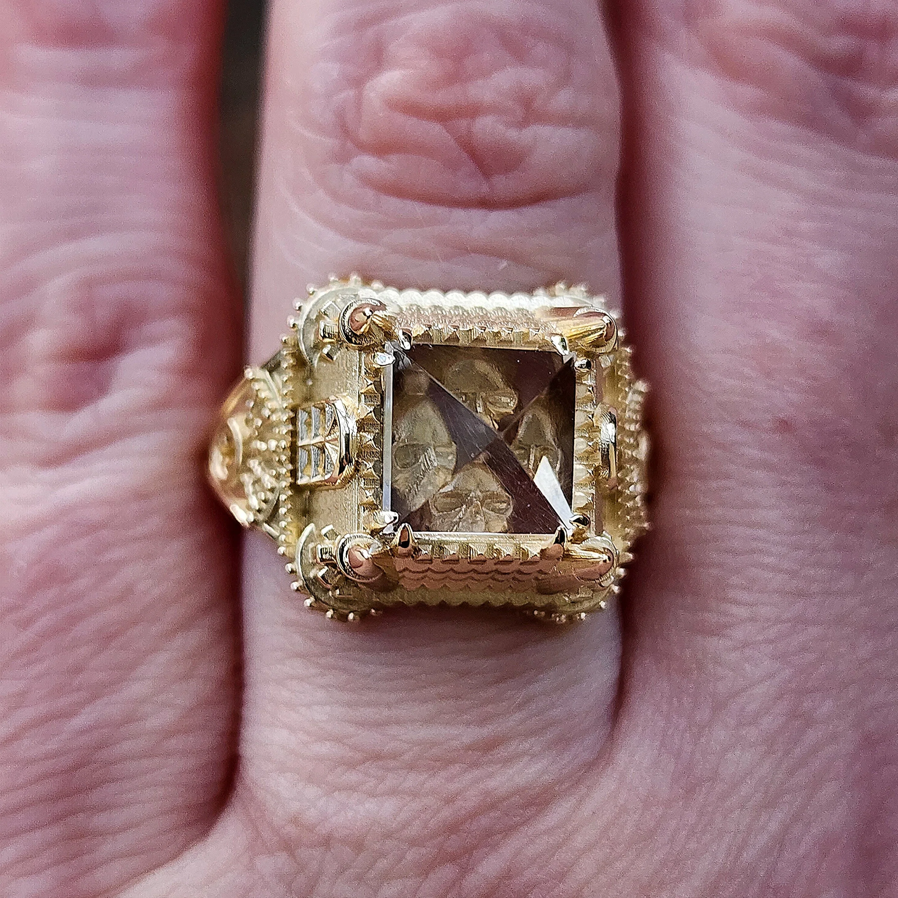 14k Gold Haunted Castle Tower Ring with Pyramid Quartz and Hidden Skull Gothic Cocktail Ring Spooky Halloween Jewelry - Image 4