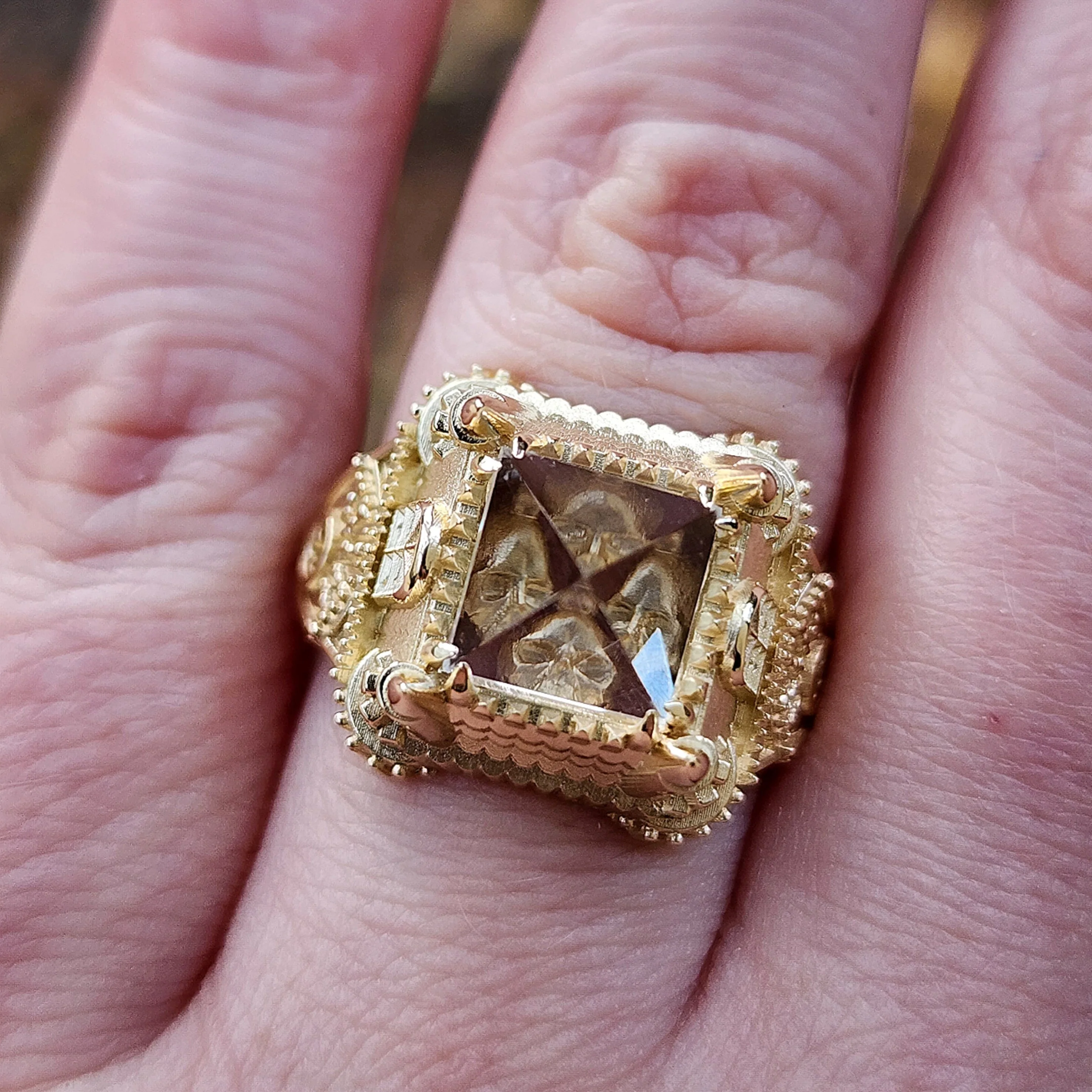 14k Gold Haunted Castle Tower Ring with Pyramid Quartz and Hidden Skull Gothic Cocktail Ring Spooky Halloween Jewelry - Image 7