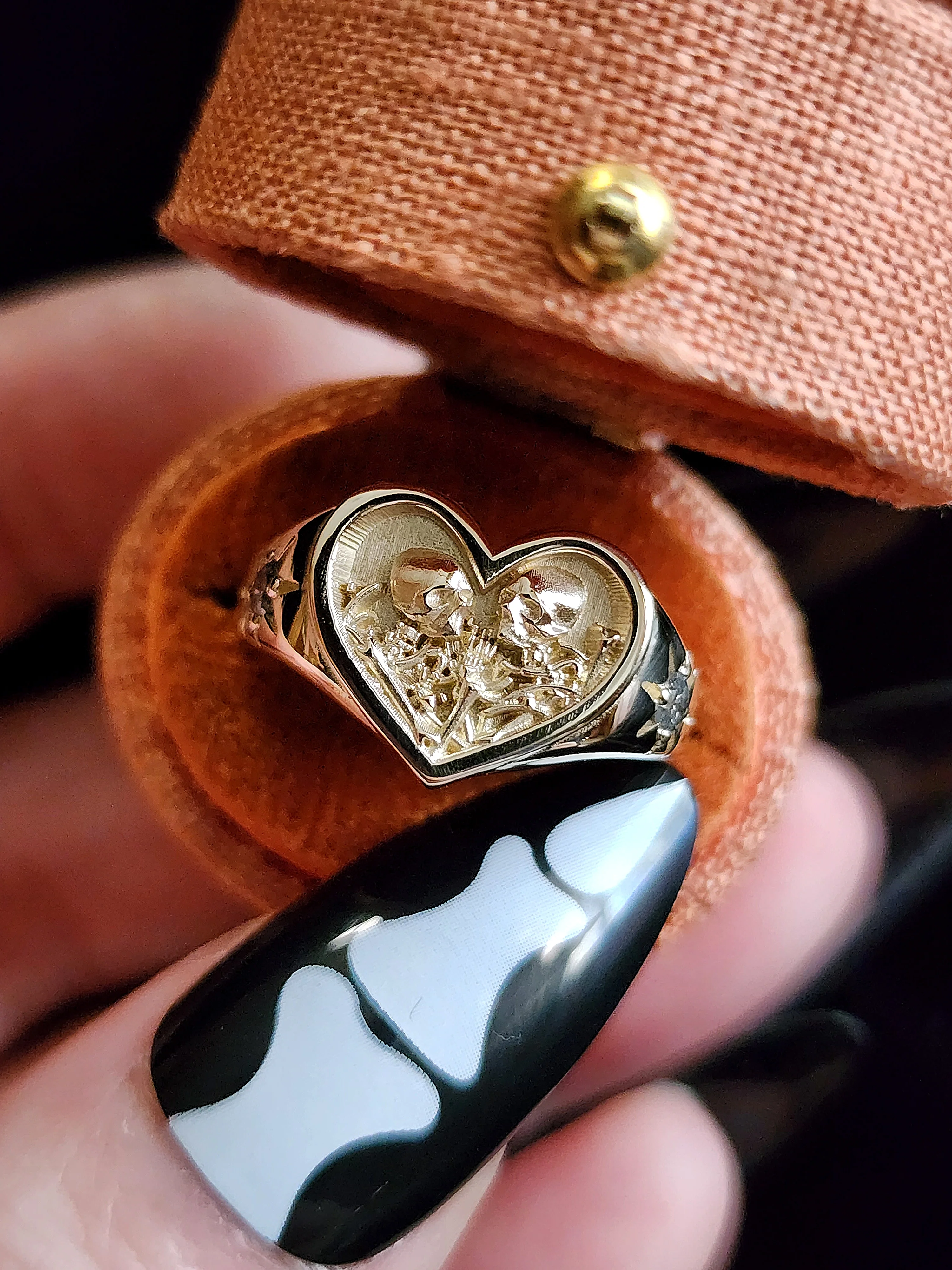 14k Gold Heart Signet Ring The Lovers Skeleton Final Embrace - Gothic Romantic Engagement Ring Salt & Pepper Diamonds Memento Mori Modern Mourning - Image 10