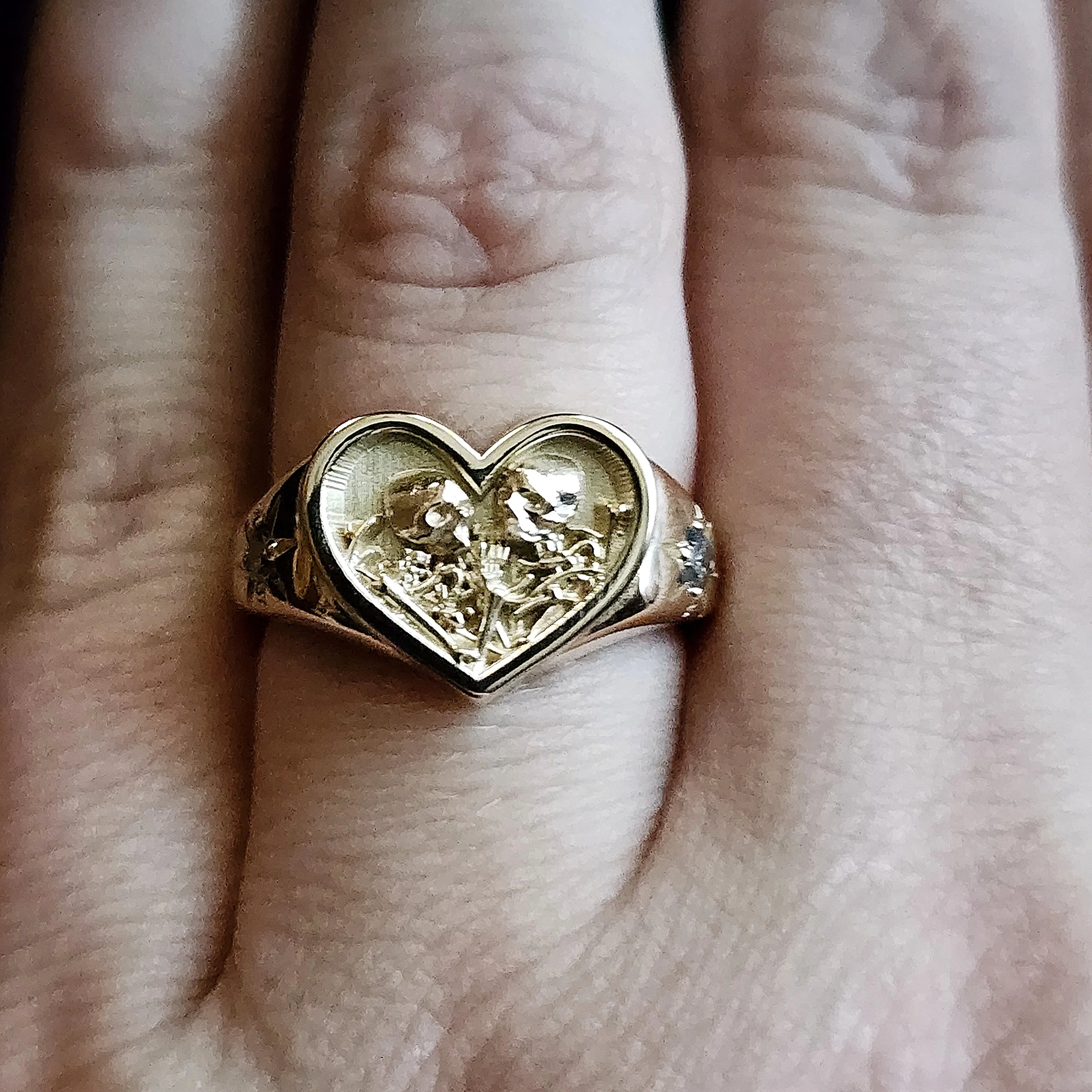 14k Gold Heart Signet Ring The Lovers Skeleton Final Embrace - Gothic Romantic Engagement Ring Salt & Pepper Diamonds Memento Mori Modern Mourning - Image 5