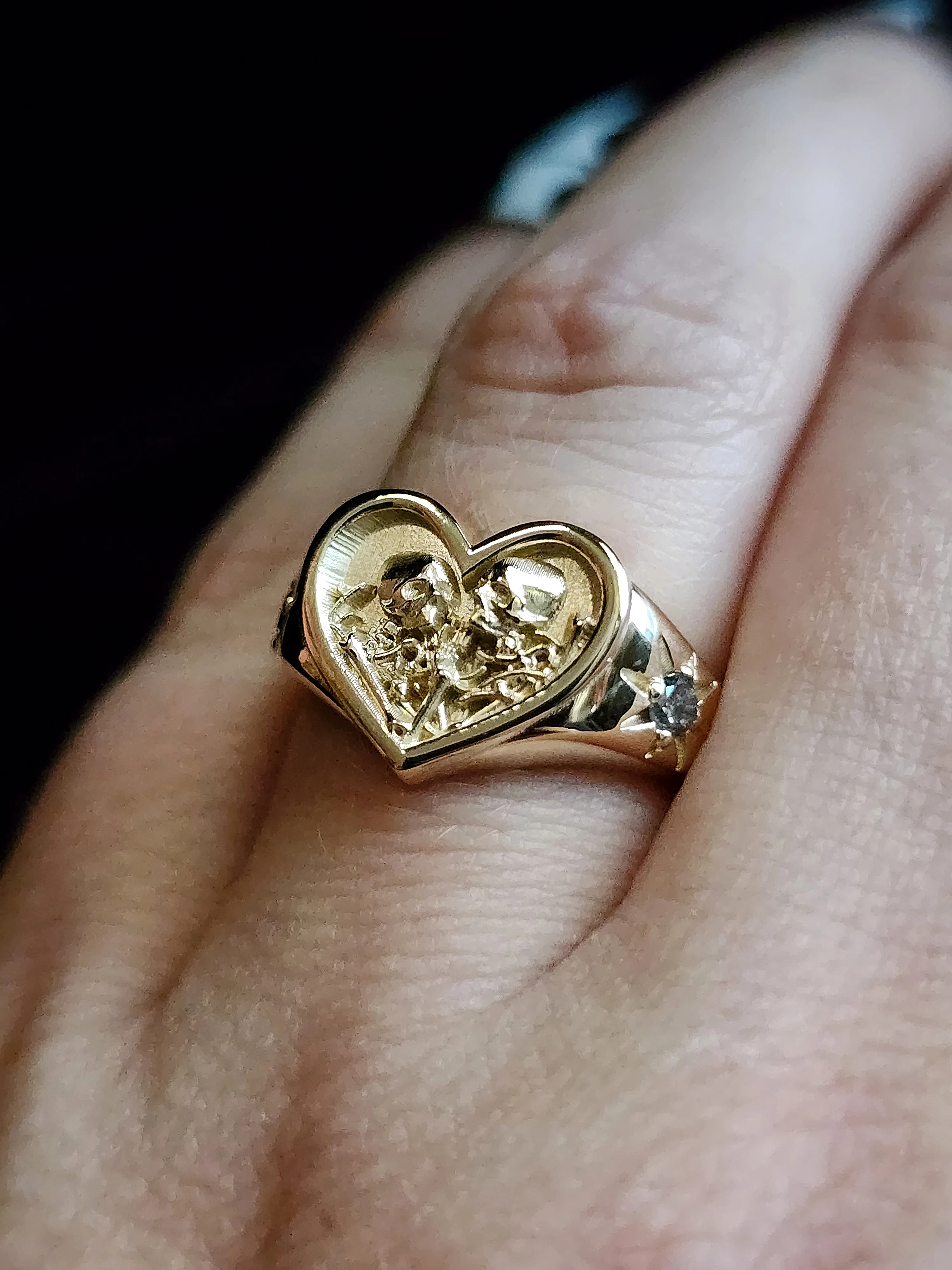 14k Gold Heart Signet Ring The Lovers Skeleton Final Embrace - Gothic Romantic Engagement Ring Salt & Pepper Diamonds Memento Mori Modern Mourning - Image 8