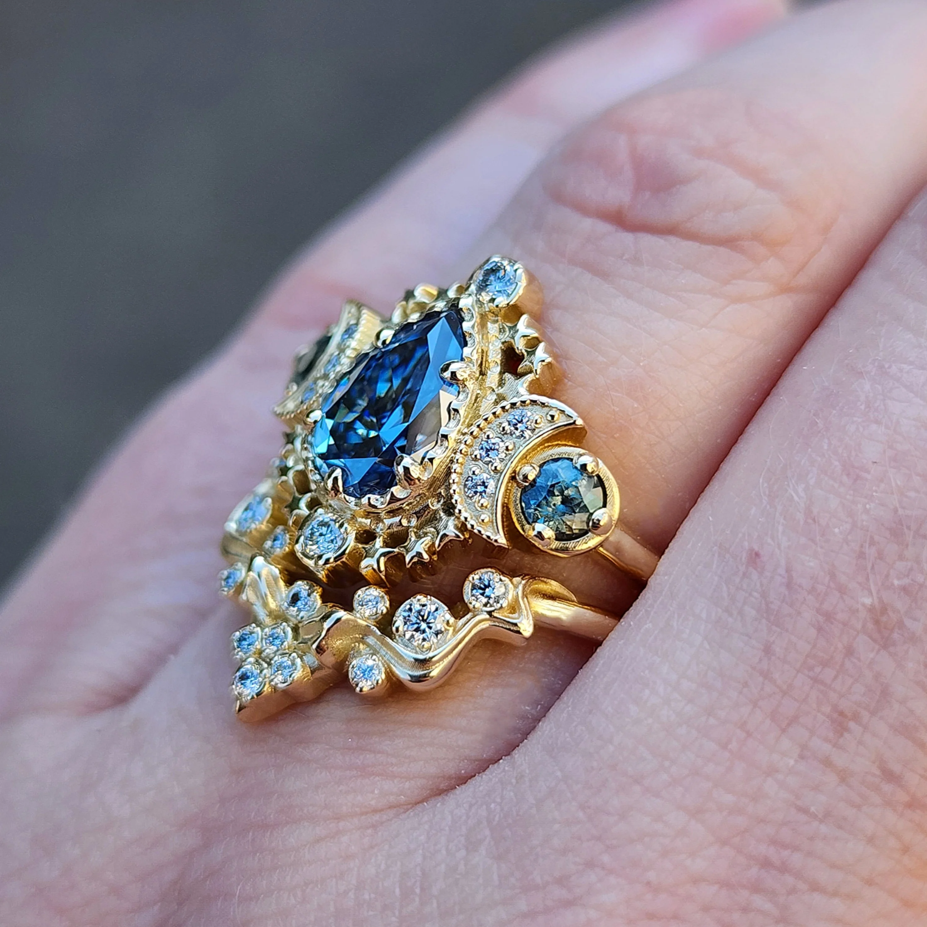 14k Pear Cosmos Engagement Ring with Nagini Snake Wedding Band - Blue Moissanite and Bi-Color Sapphires with Diamonds - Handcrafted Wedding Ring Set by SwankMetalsmithing - Image 3