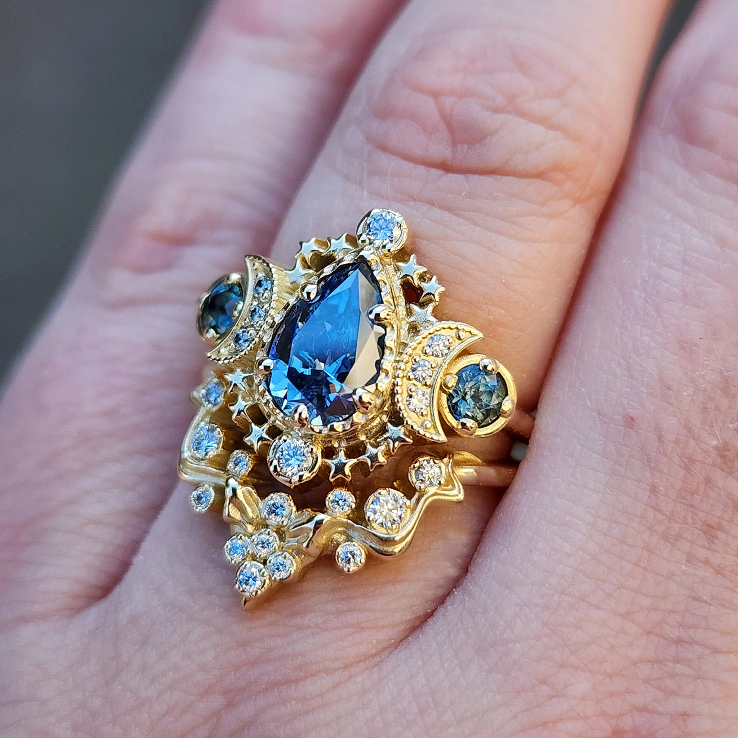 14k Pear Cosmos Engagement Ring with Nagini Snake Wedding Band - Blue Moissanite and Bi-Color Sapphires with Diamonds - Handcrafted Wedding Ring Set by SwankMetalsmithing - Image 4