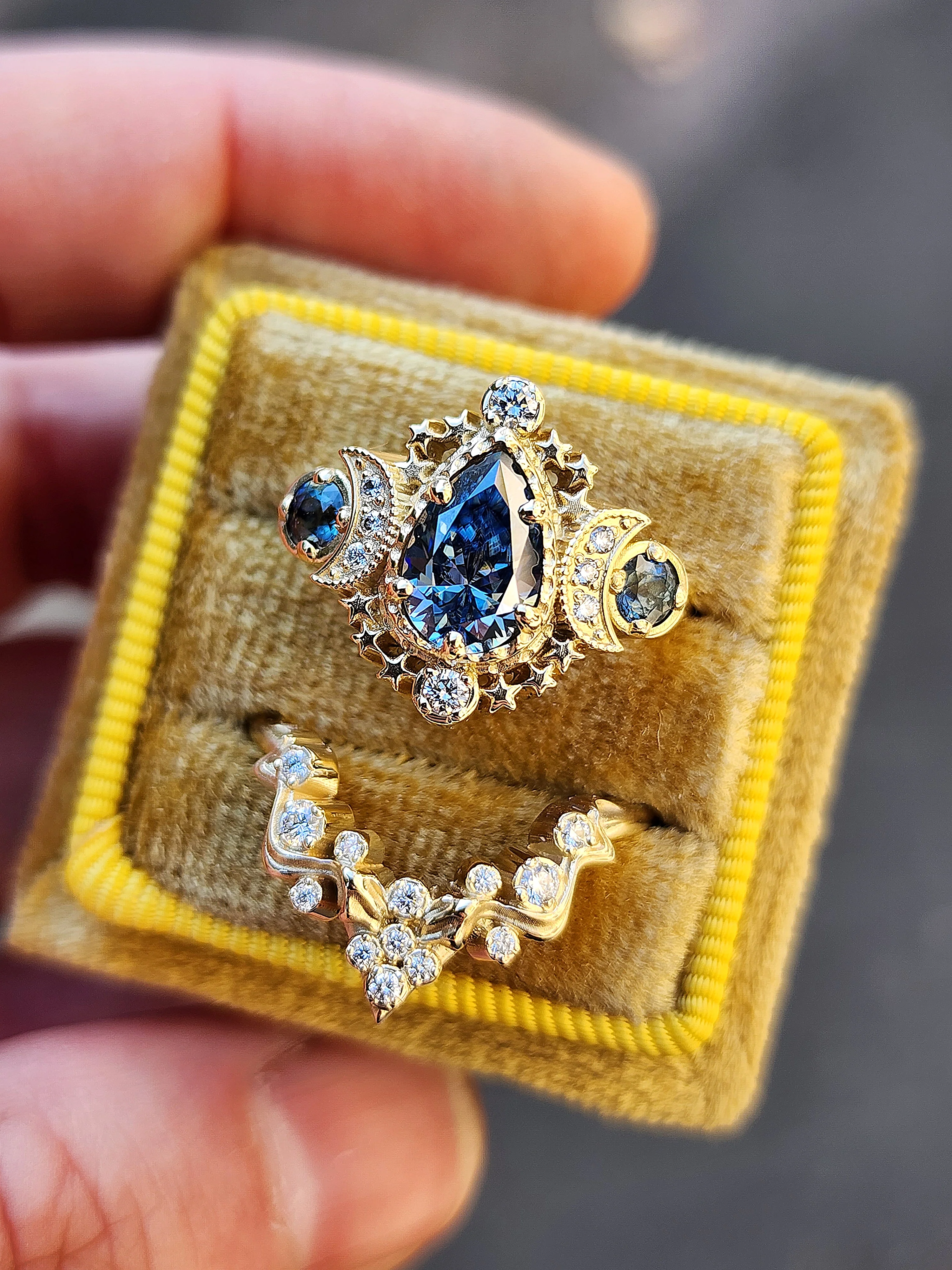 14k Pear Cosmos Engagement Ring with Nagini Snake Wedding Band - Blue Moissanite and Bi-Color Sapphires with Diamonds - Handcrafted Wedding Ring Set by SwankMetalsmithing - Image 5