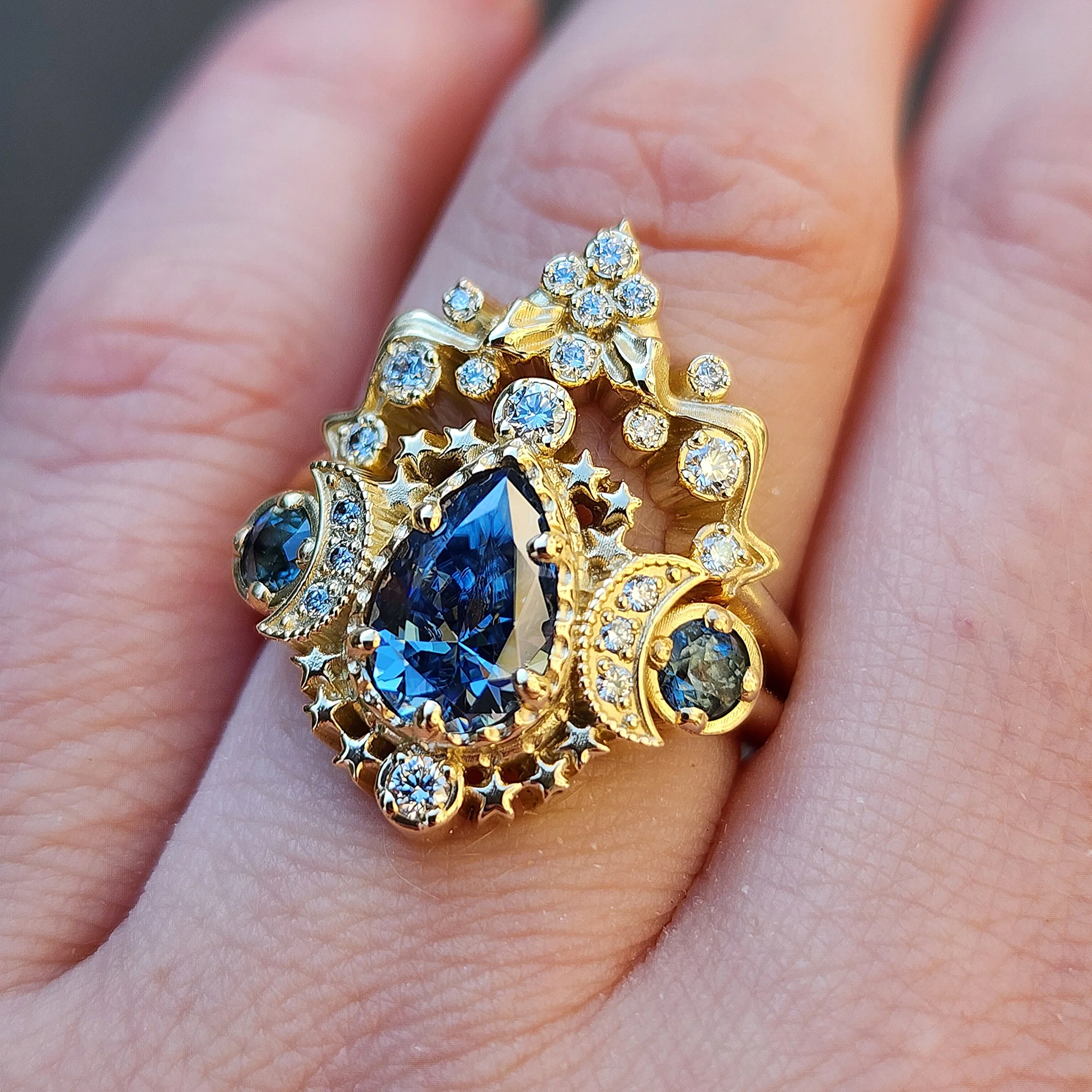 14k Pear Cosmos Engagement Ring with Nagini Snake Wedding Band - Blue Moissanite and Bi-Color Sapphires with Diamonds - Handcrafted Wedding Ring Set by SwankMetalsmithing - Image 7