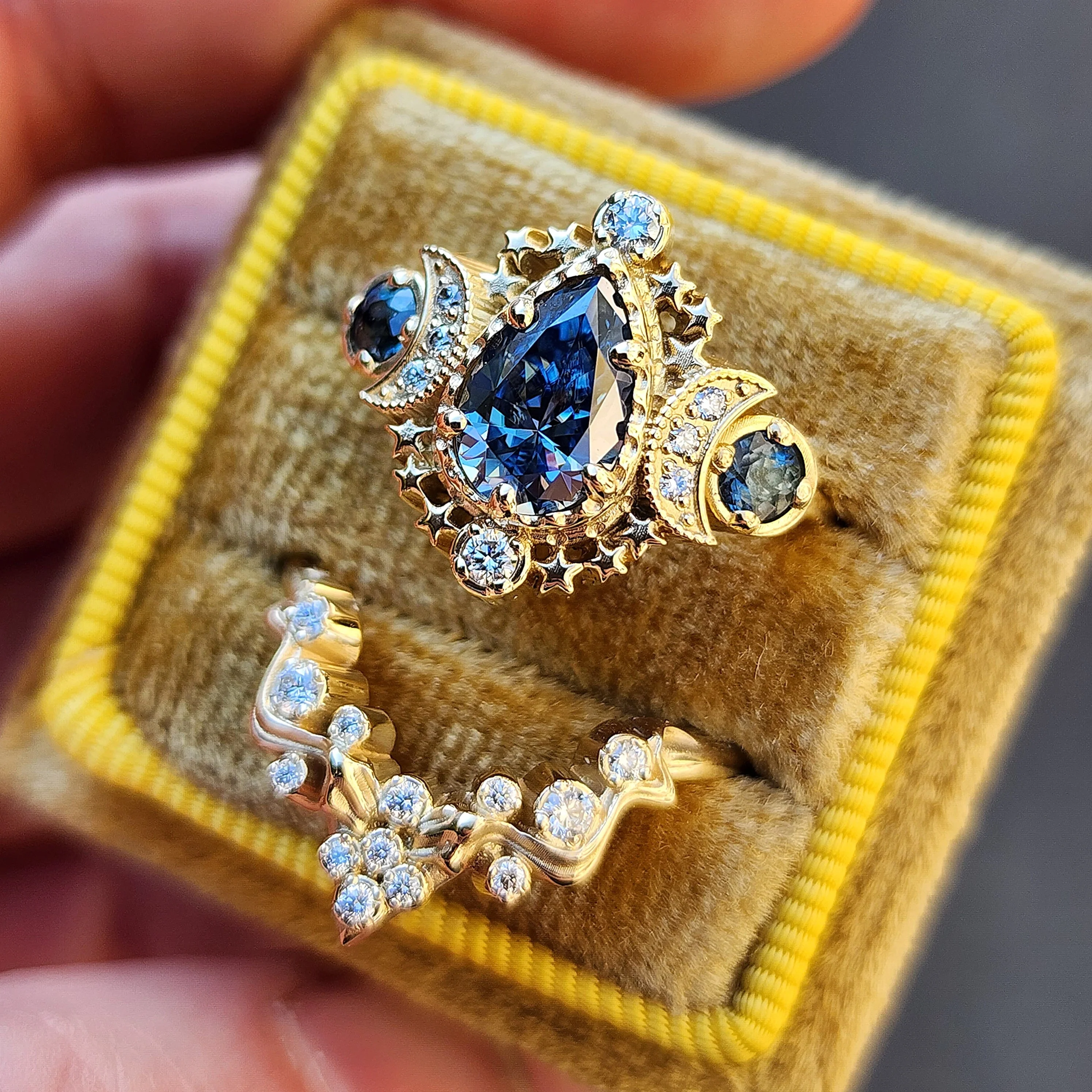 14k Pear Cosmos Engagement Ring with Nagini Snake Wedding Band - Blue Moissanite and Bi-Color Sapphires with Diamonds - Handcrafted Wedding Ring Set by SwankMetalsmithing - Image 8