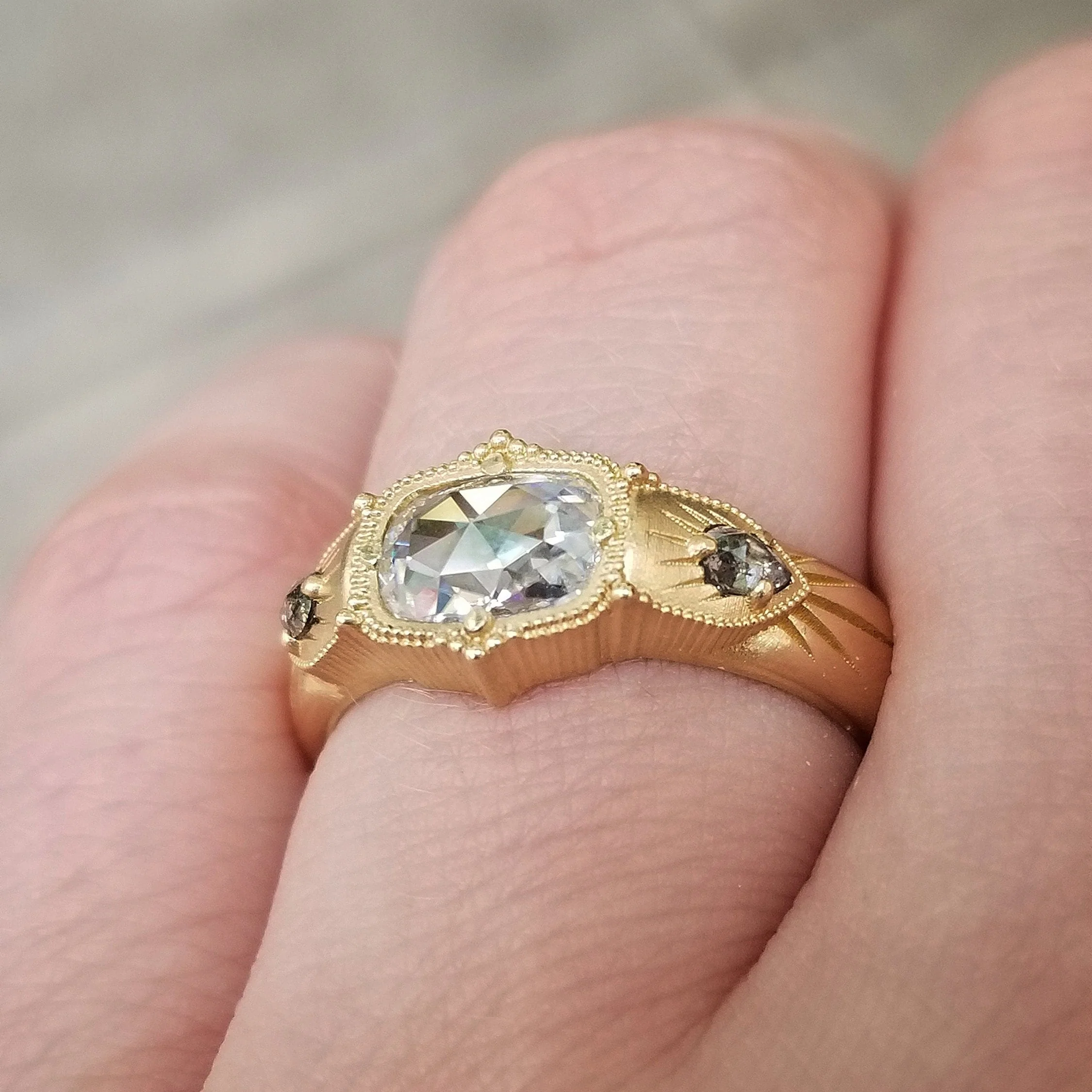 Antique Cushion Moissanite Wide Band Victorian Style Ring with Salt & Pepper Pear Diamonds - Rose Cut Vintage Inspired Engagement Ring - Image 10