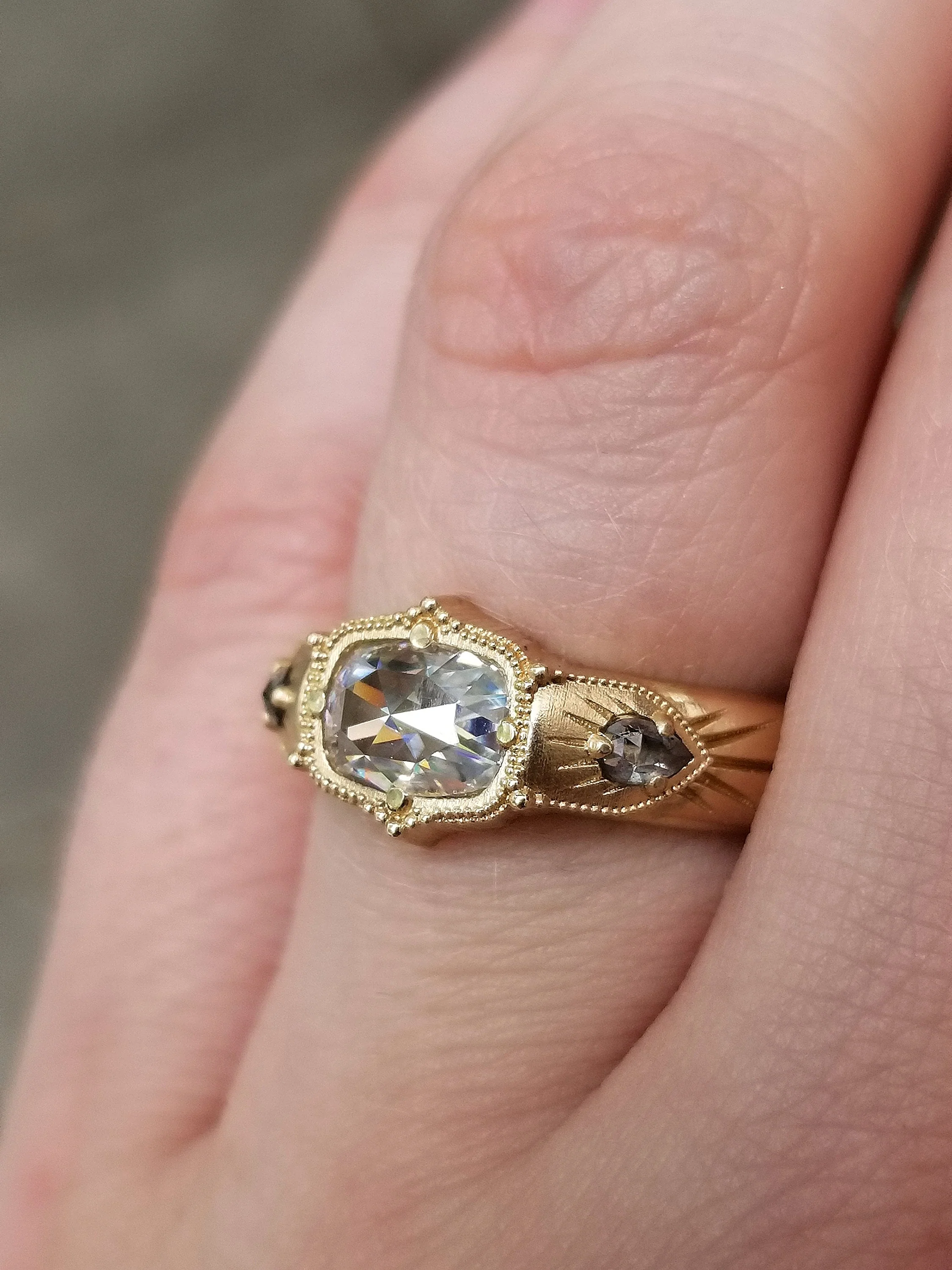 Antique Cushion Moissanite Wide Band Victorian Style Ring with Salt & Pepper Pear Diamonds - Rose Cut Vintage Inspired Engagement Ring - Image 5