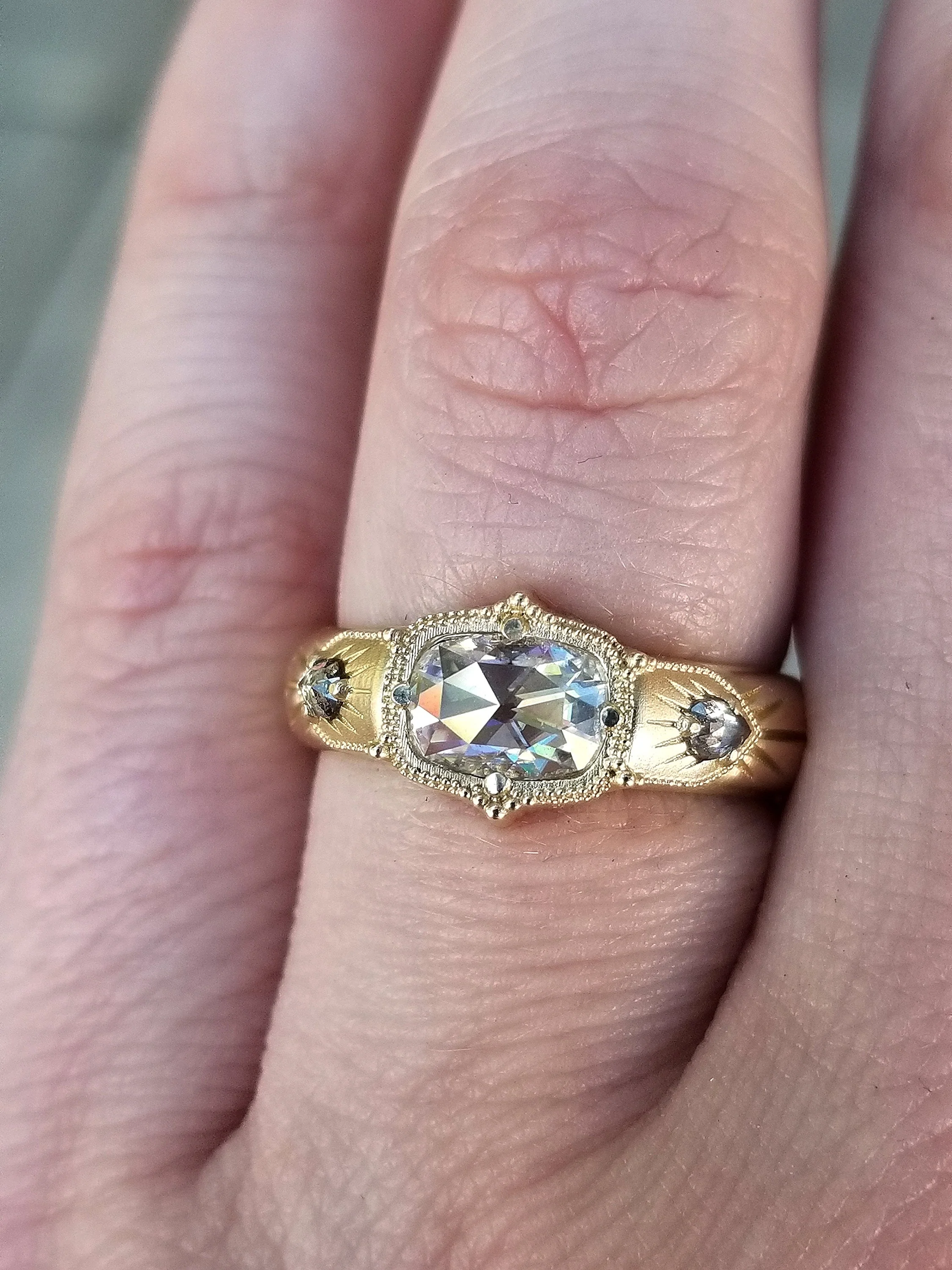 Antique Cushion Moissanite Wide Band Victorian Style Ring with Salt & Pepper Pear Diamonds - Rose Cut Vintage Inspired Engagement Ring - Image 6