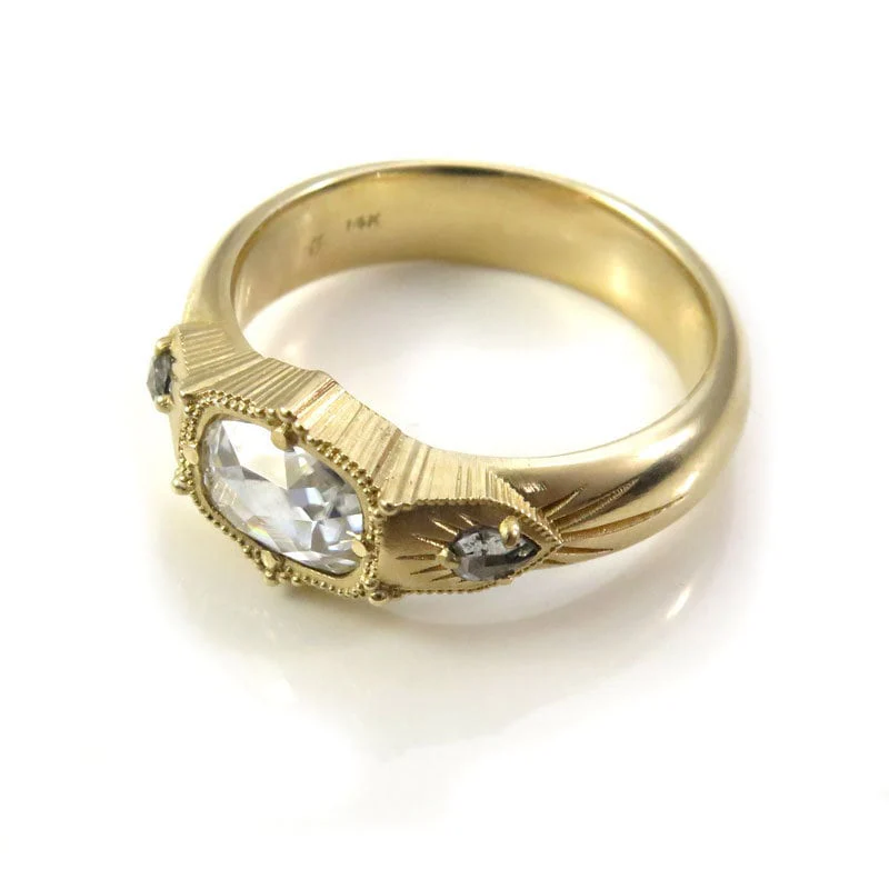 Antique Cushion Moissanite Wide Band Victorian Style Ring with Salt & Pepper Pear Diamonds - Rose Cut Vintage Inspired Engagement Ring - Image 9