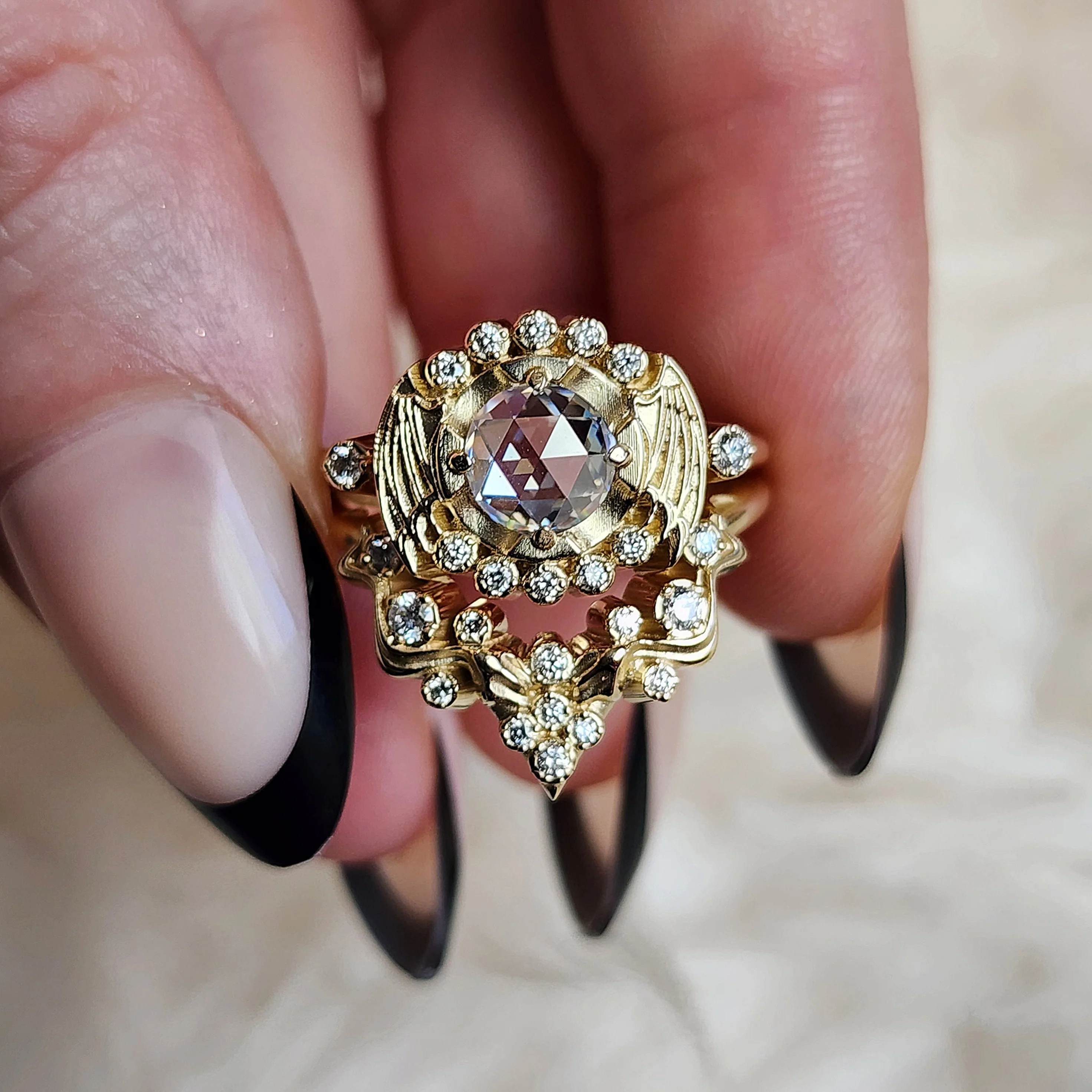 Ready to Ship Size 6-8 Bat Halo Engagement Ring and Nagini Snake Wedding Band - Rose Cut Moissanite Gothic Victorian Unique Wedding Set with Bat Wings 14k Yellow Gold - Image 3