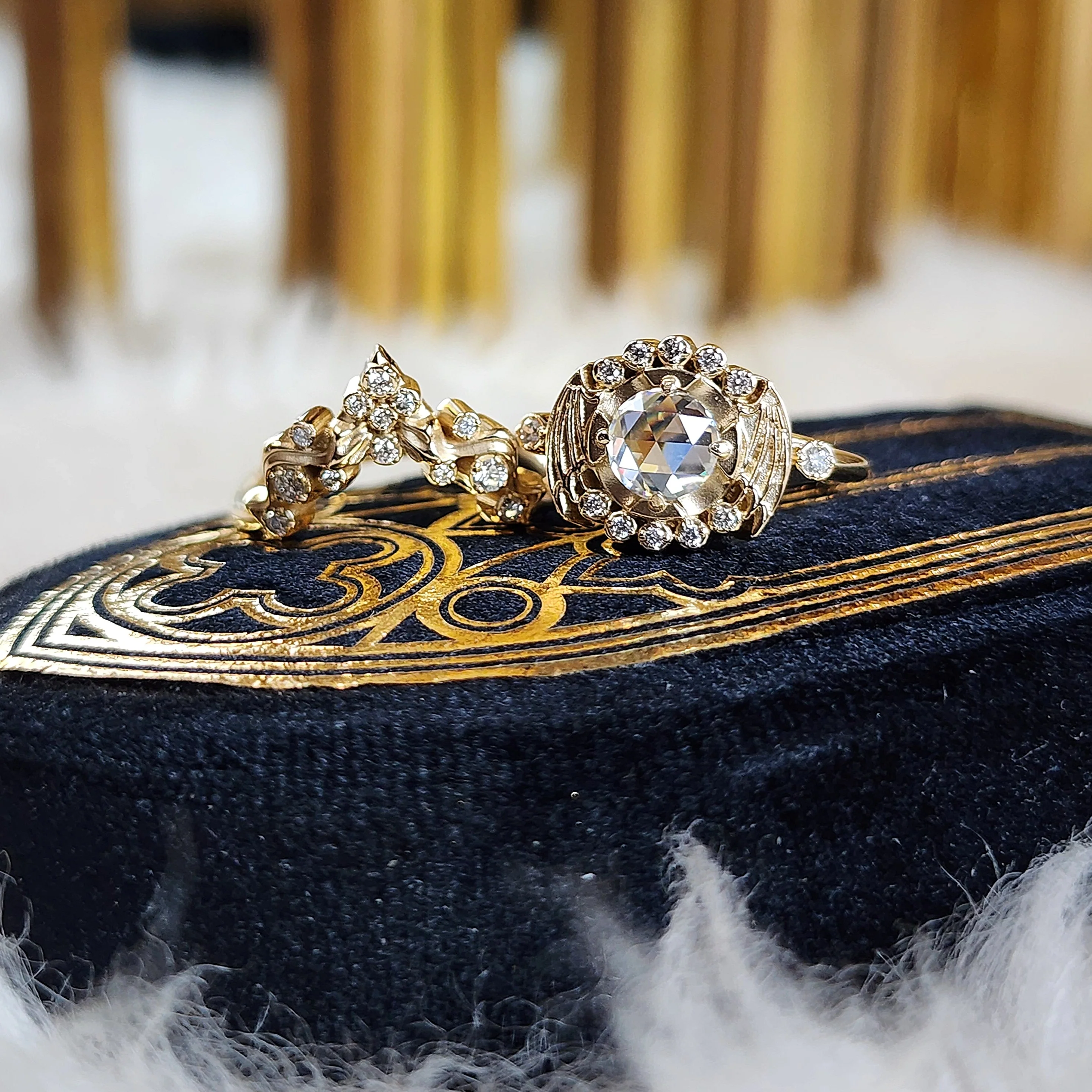 Ready to Ship Size 6-8 Bat Halo Engagement Ring and Nagini Snake Wedding Band - Rose Cut Moissanite Gothic Victorian Unique Wedding Set with Bat Wings 14k Yellow Gold - Image 4
