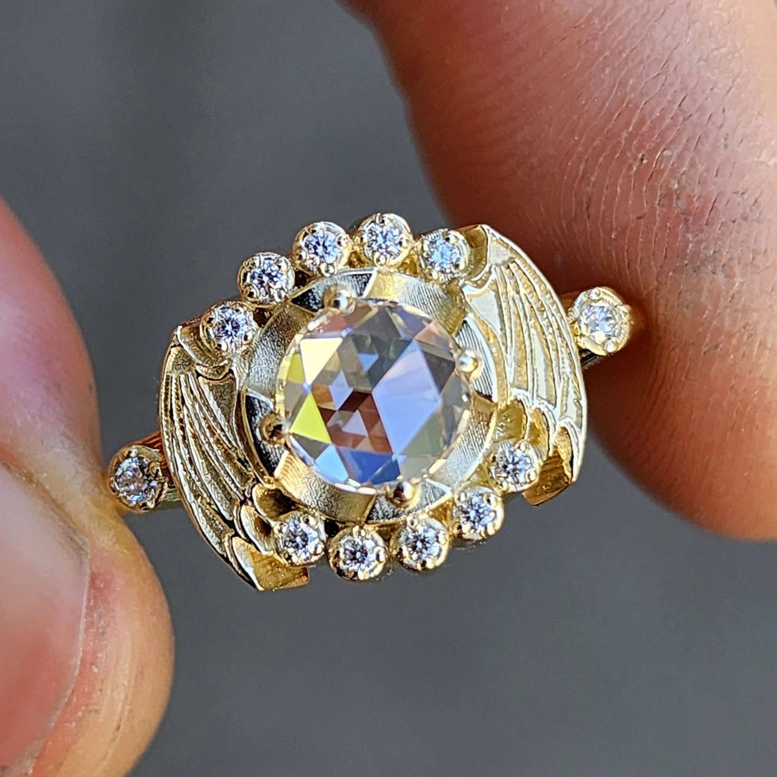 Ready to Ship Size 6-8 Bat Halo Engagement Ring and Nagini Snake Wedding Band - Rose Cut Moissanite Gothic Victorian Unique Wedding Set with Bat Wings 14k Yellow Gold - Image 5