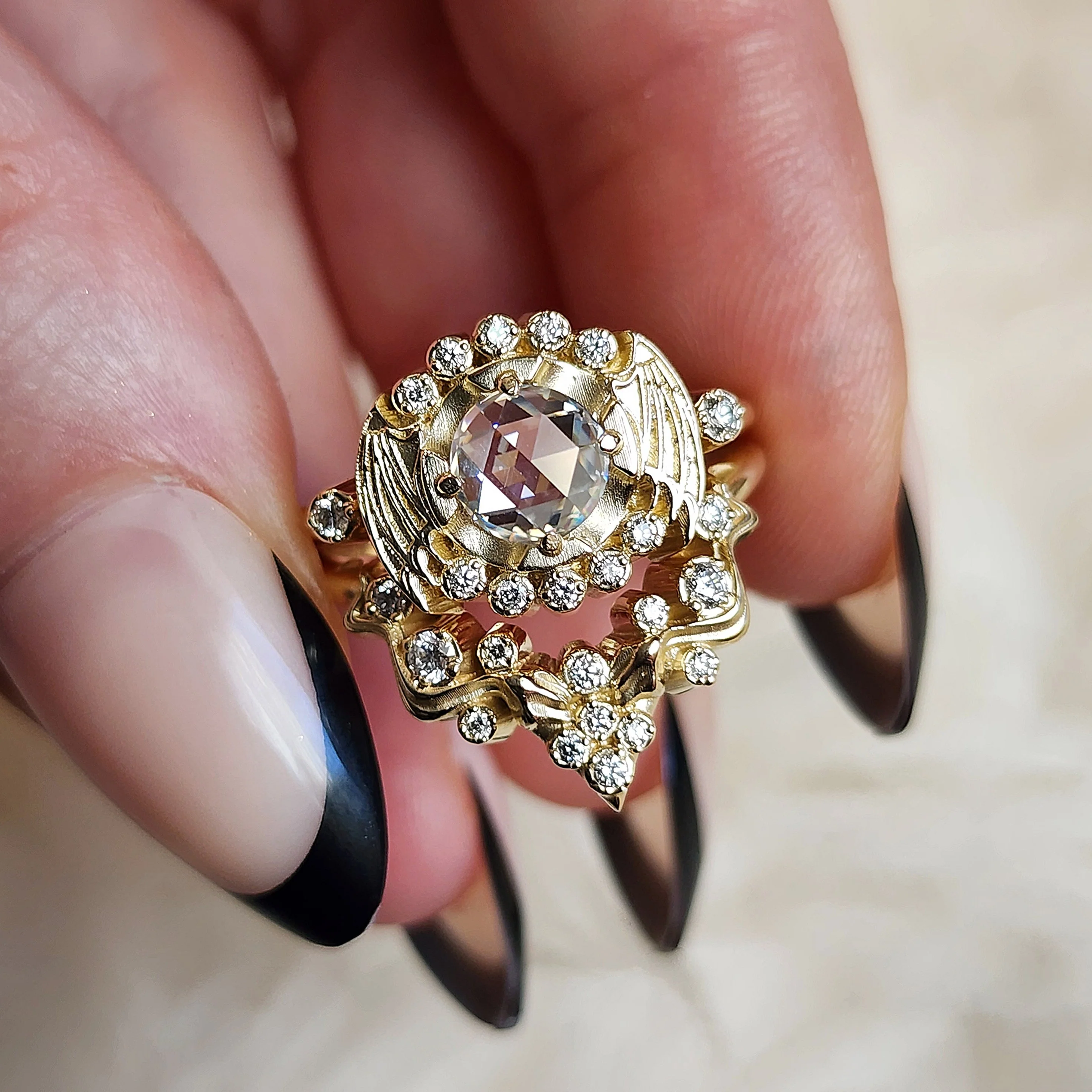 Ready to Ship Size 6-8 Bat Halo Engagement Ring and Nagini Snake Wedding Band - Rose Cut Moissanite Gothic Victorian Unique Wedding Set with Bat Wings 14k Yellow Gold - Image 6