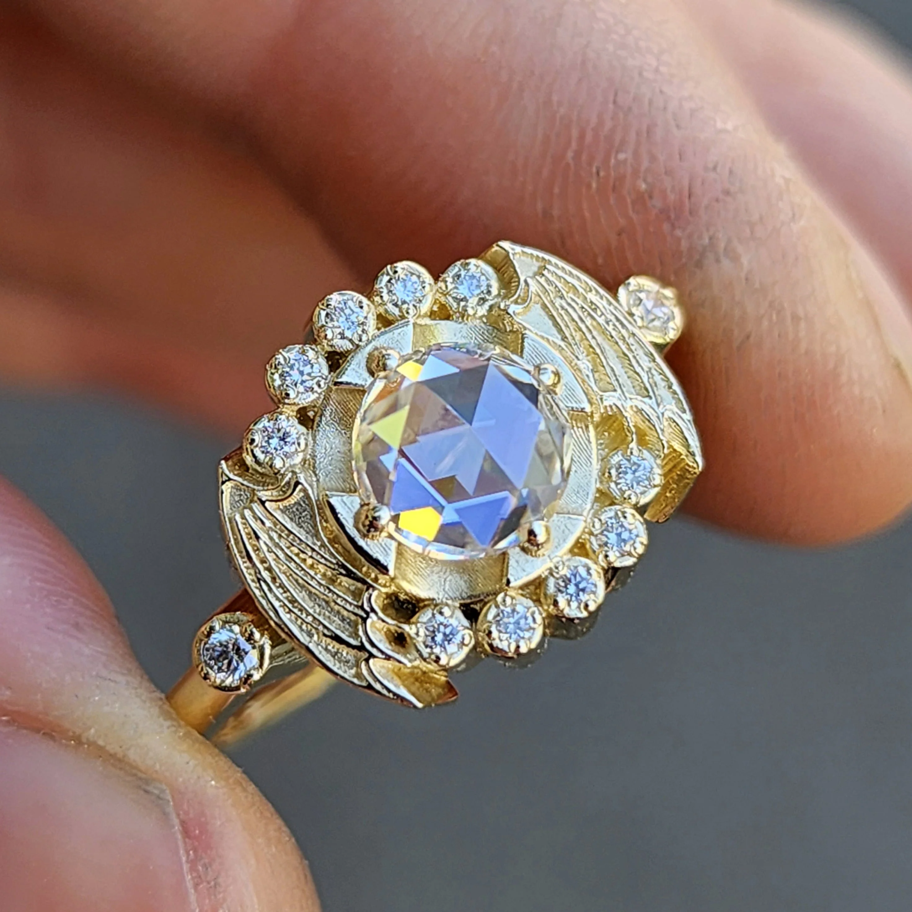 Ready to Ship Size 6-8 Bat Halo Engagement Ring and Nagini Snake Wedding Band - Rose Cut Moissanite Gothic Victorian Unique Wedding Set with Bat Wings 14k Yellow Gold - Image 8