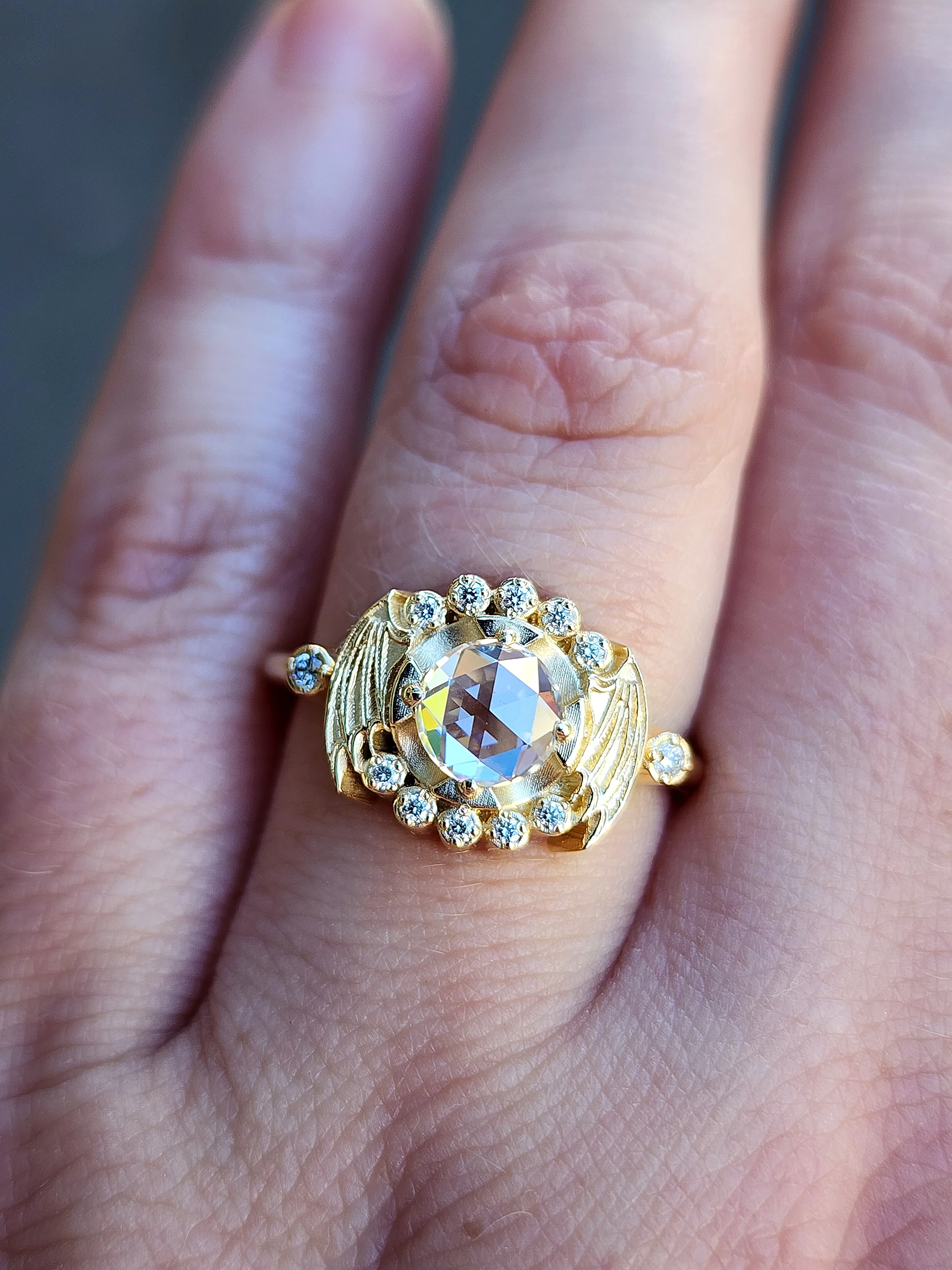 Ready to Ship Size 6-8 Bat Halo Engagement Ring and Nagini Snake Wedding Band - Rose Cut Moissanite Gothic Victorian Unique Wedding Set with Bat Wings 14k Yellow Gold - Image 9