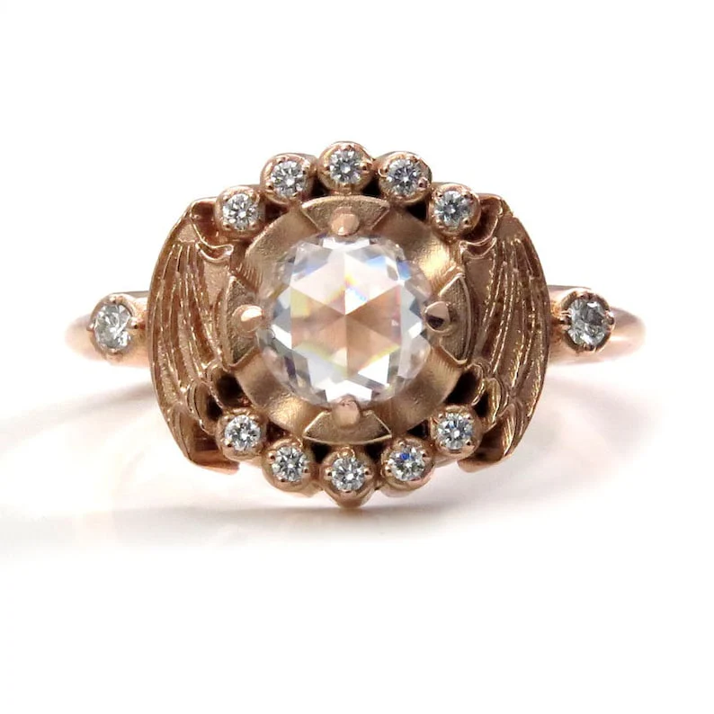 Bat Halo Engagement Ring, Rose Cut Moissanite Ethical Gemstone Gothic Victorian Unique Wedding Ring with Bat Wings Witchy Wedding - Image 3