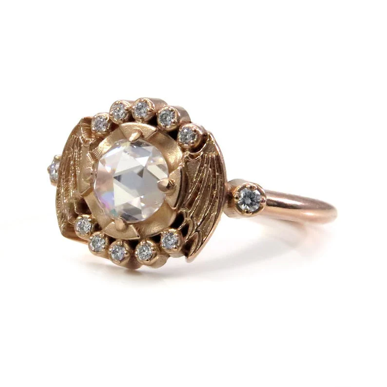 Bat Halo Engagement Ring, Rose Cut Moissanite Ethical Gemstone Gothic Victorian Unique Wedding Ring with Bat Wings Witchy Wedding - Image 5