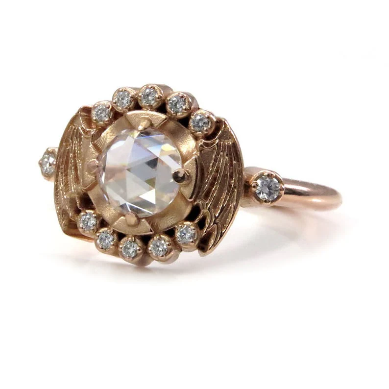 Bat Halo Engagement Ring, Rose Cut Moissanite Ethical Gemstone Gothic Victorian Unique Wedding Ring with Bat Wings Witchy Wedding - Image 8