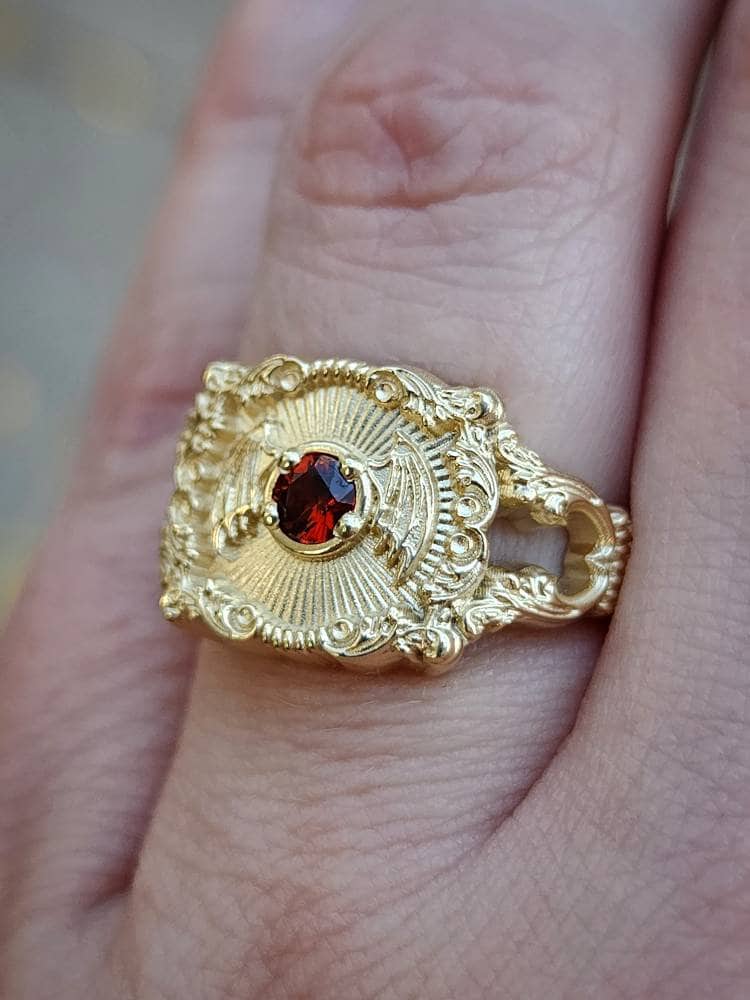 Ready to Ship Size 6-8 Baturday - Bat Signet Ring with Arizona Sunset Garnet - Victorian Inspired Baroque Antique Styled Bat Wing Ring - 14k Yellow Gold - Image 10