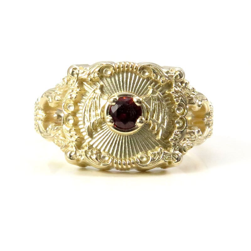 Ready to Ship Size 6-8 Baturday - Bat Signet Ring with Arizona Sunset Garnet - Victorian Inspired Baroque Antique Styled Bat Wing Ring - 14k Yellow Gold - Image 3
