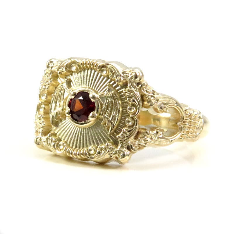 Ready to Ship Size 6-8 Baturday - Bat Signet Ring with Arizona Sunset Garnet - Victorian Inspired Baroque Antique Styled Bat Wing Ring - 14k Yellow Gold - Image 4