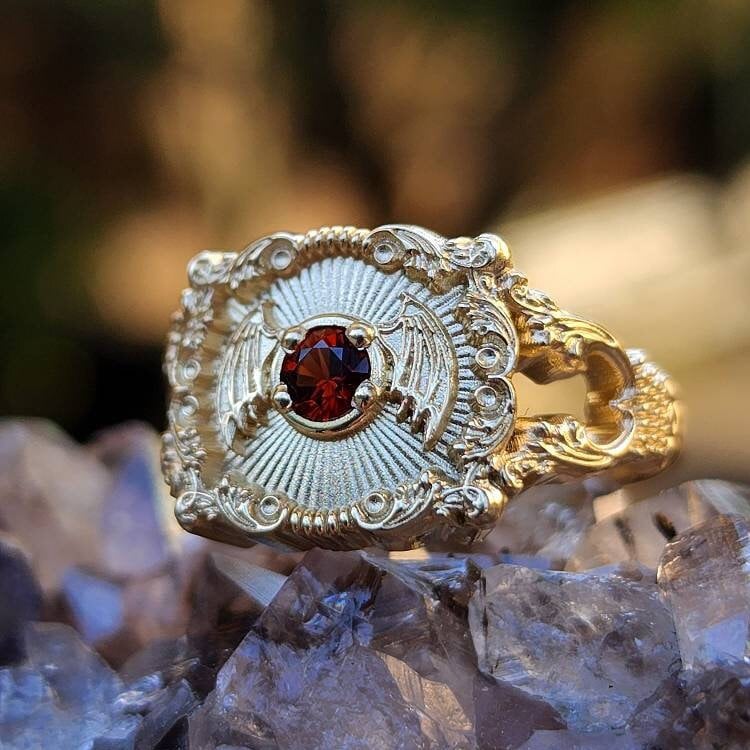 Ready to Ship Size 6-8 Baturday - Bat Signet Ring with Arizona Sunset Garnet - Victorian Inspired Baroque Antique Styled Bat Wing Ring - 14k Yellow Gold - Image 5