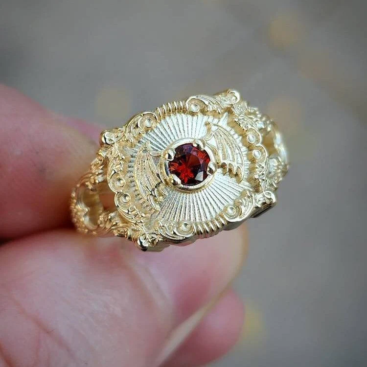 Ready to Ship Size 6-8 Baturday - Bat Signet Ring with Arizona Sunset Garnet - Victorian Inspired Baroque Antique Styled Bat Wing Ring - 14k Yellow Gold - Image 6