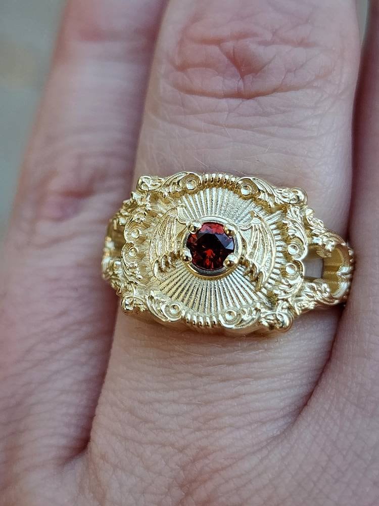 Ready to Ship Size 6-8 Baturday - Bat Signet Ring with Arizona Sunset Garnet - Victorian Inspired Baroque Antique Styled Bat Wing Ring - 14k Yellow Gold - Image 7