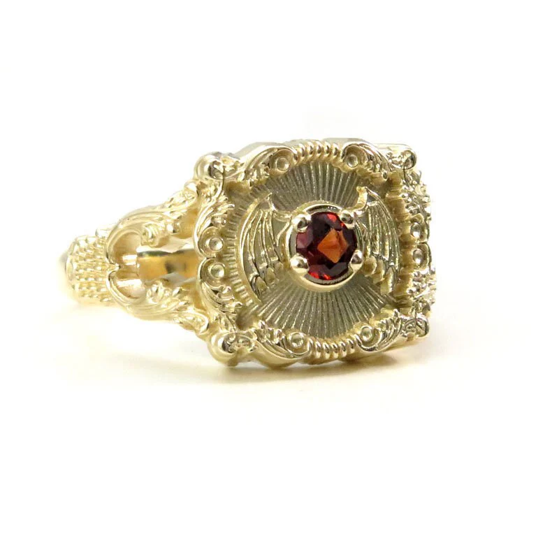 Ready to Ship Size 6-8 Baturday - Bat Signet Ring with Arizona Sunset Garnet - Victorian Inspired Baroque Antique Styled Bat Wing Ring - 14k Yellow Gold - Image 8
