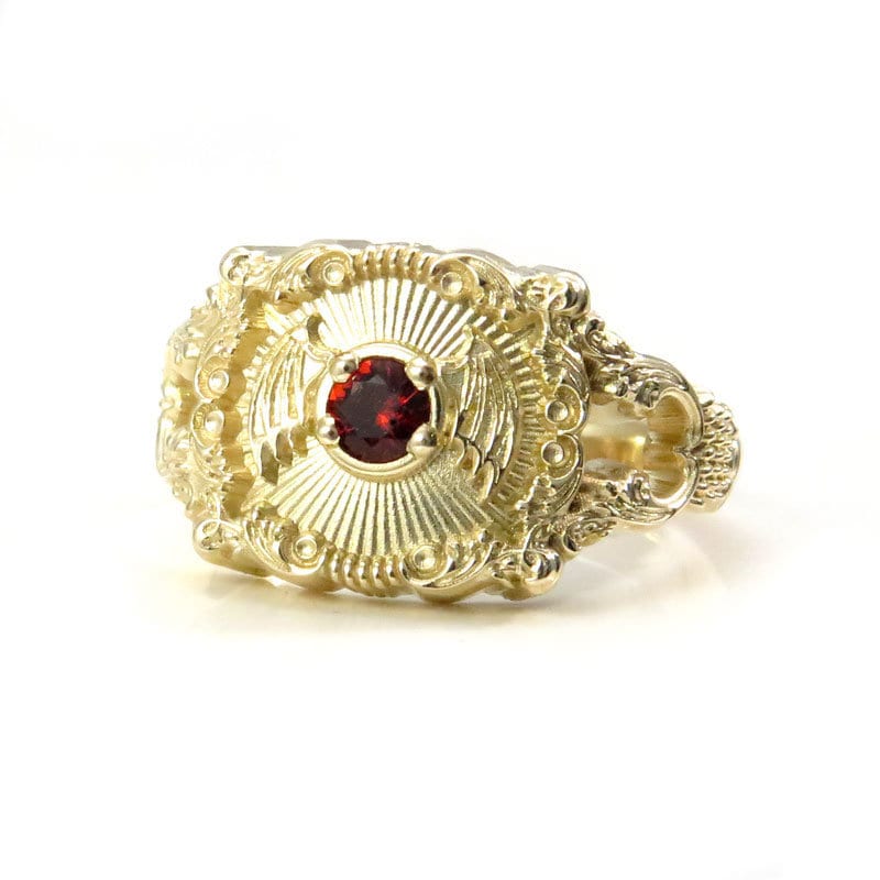 Ready to Ship Size 6-8 Baturday - Bat Signet Ring with Arizona Sunset Garnet - Victorian Inspired Baroque Antique Styled Bat Wing Ring - 14k Yellow Gold - Image 9
