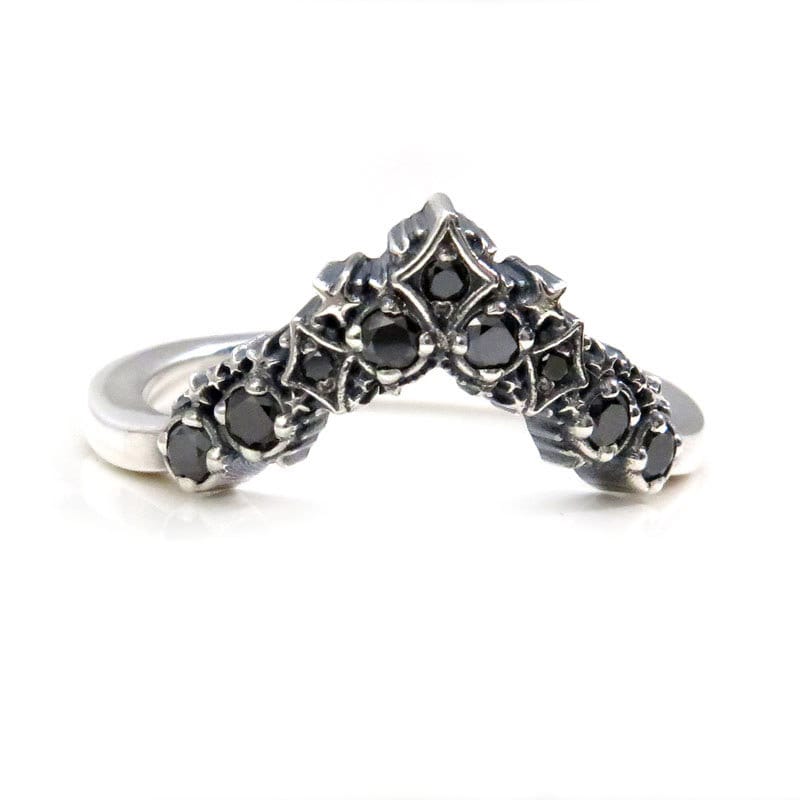 Black Diamond Stardust Chevron Wedding Band - Sterling Silver Boho Stacking Ring - Image 3