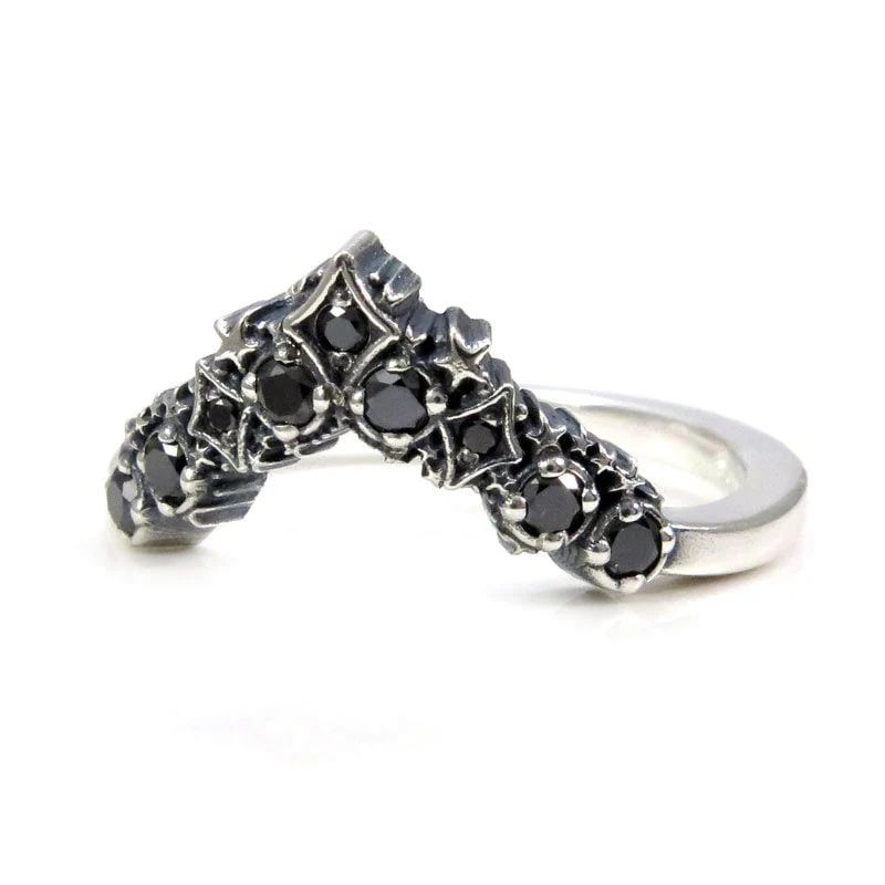 Black Diamond Stardust Chevron Wedding Band - Sterling Silver Boho Stacking Ring - Image 4