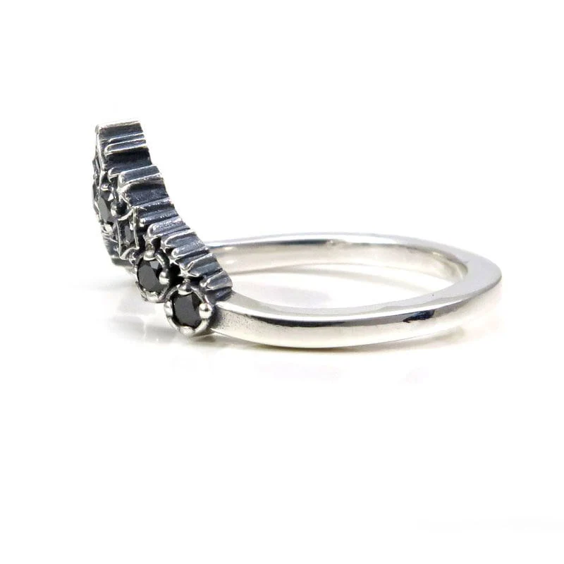 Black Diamond Stardust Chevron Wedding Band - Sterling Silver Boho Stacking Ring - Image 8