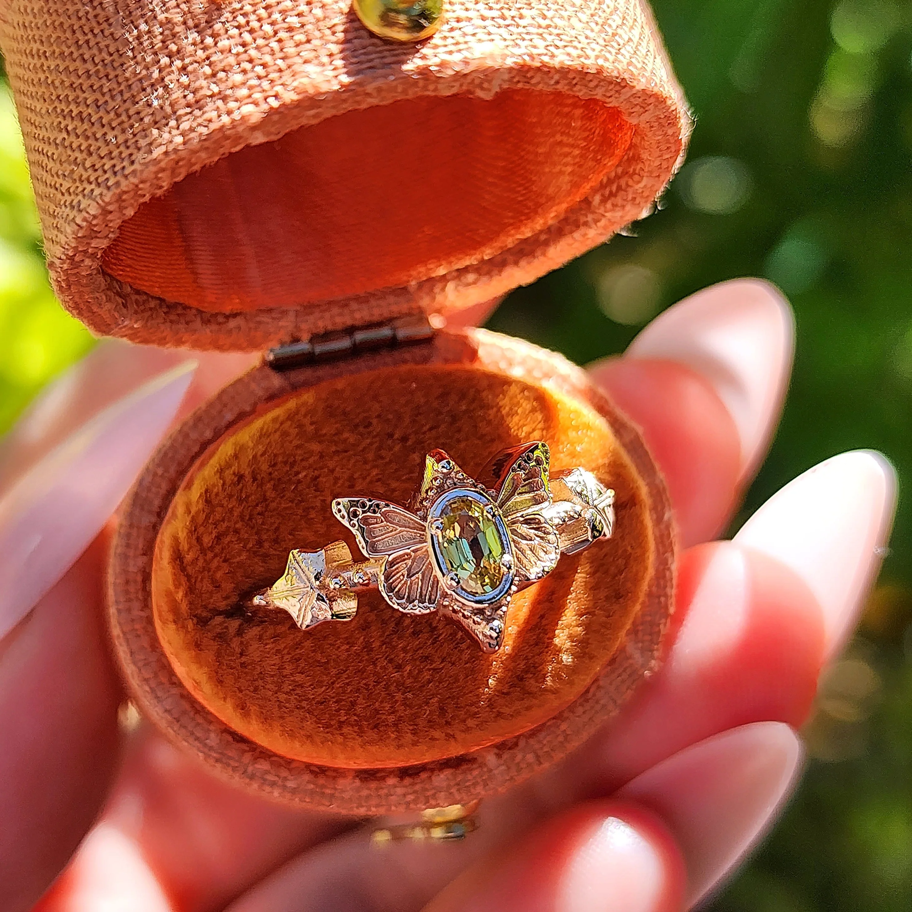 Butterfly Faerie Ring with Oval Sapphire Fairy Fantasy Engagement with Ivy Leaf - Pick your Gemstone Fairytale 14k Gold - Image 10
