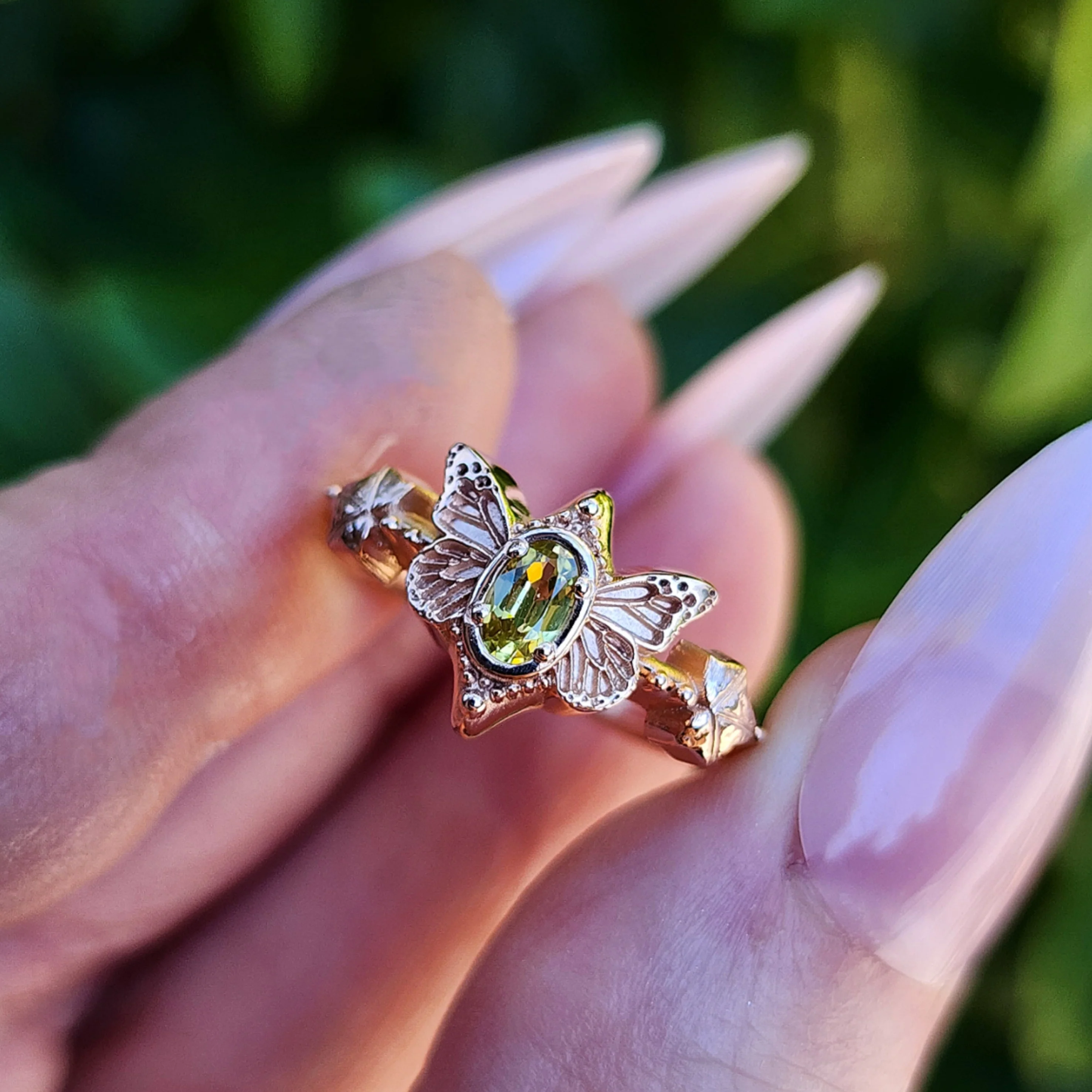 Butterfly Faerie Ring with Oval Sapphire Fairy Fantasy Engagement with Ivy Leaf - Pick your Gemstone Fairytale 14k Gold - Image 11