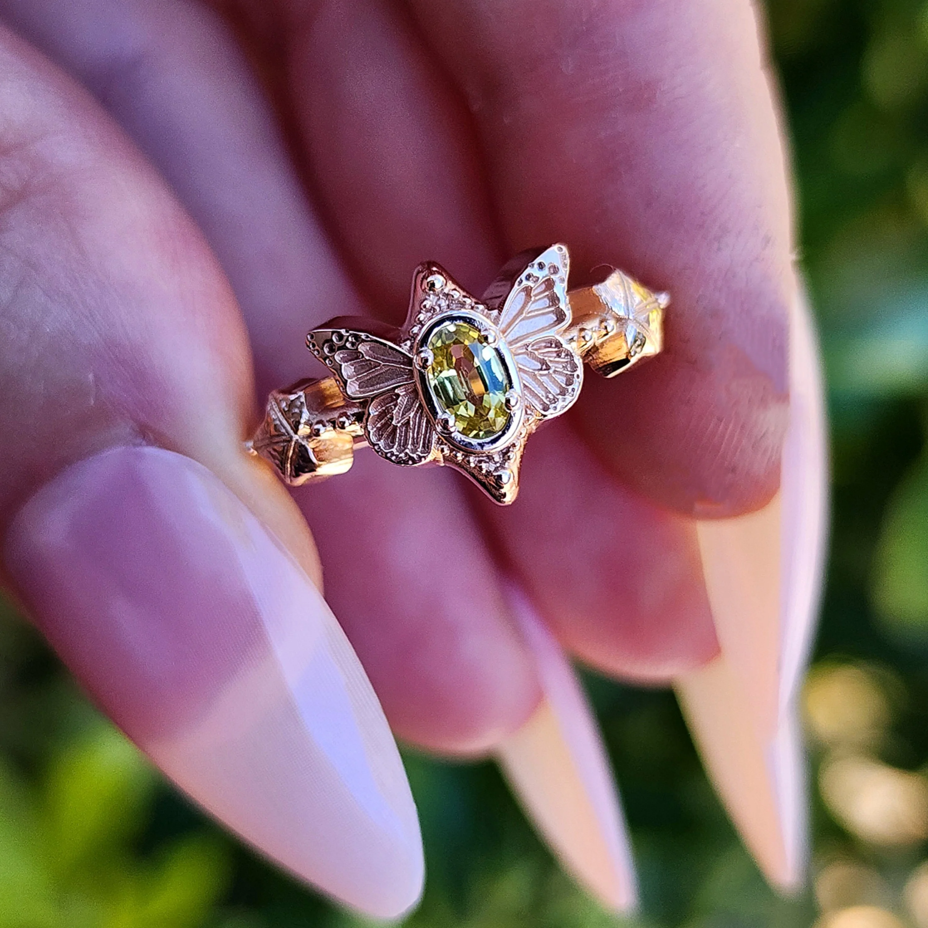 Butterfly Faerie Ring with Oval Sapphire Fairy Fantasy Engagement with Ivy Leaf - Pick your Gemstone Fairytale 14k Gold - Image 3
