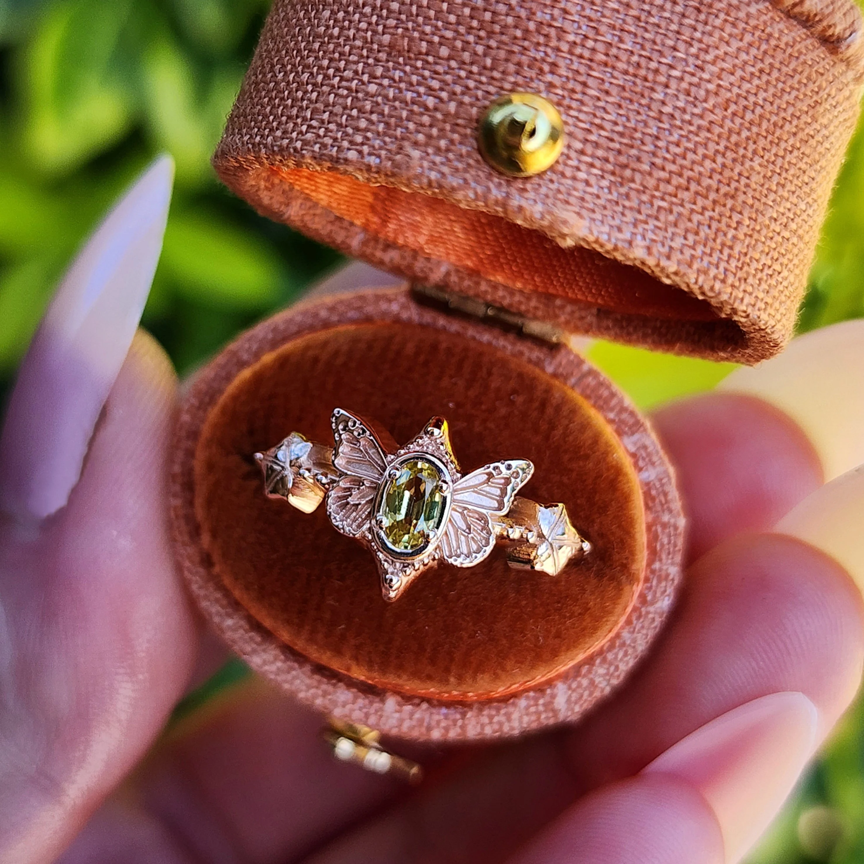 Butterfly Faerie Ring with Oval Sapphire Fairy Fantasy Engagement with Ivy Leaf - Pick your Gemstone Fairytale 14k Gold - Image 4