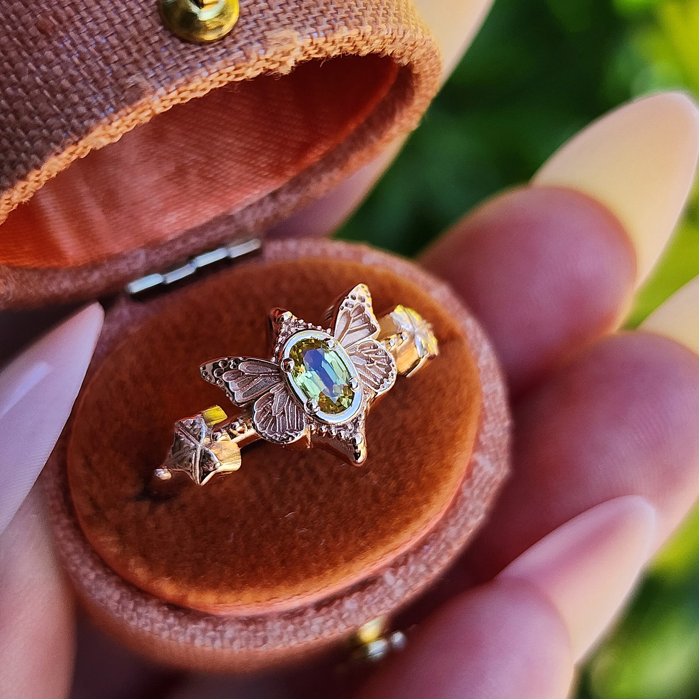 Butterfly Faerie Ring with Oval Sapphire Fairy Fantasy Engagement with Ivy Leaf - Pick your Gemstone Fairytale 14k Gold - Image 5