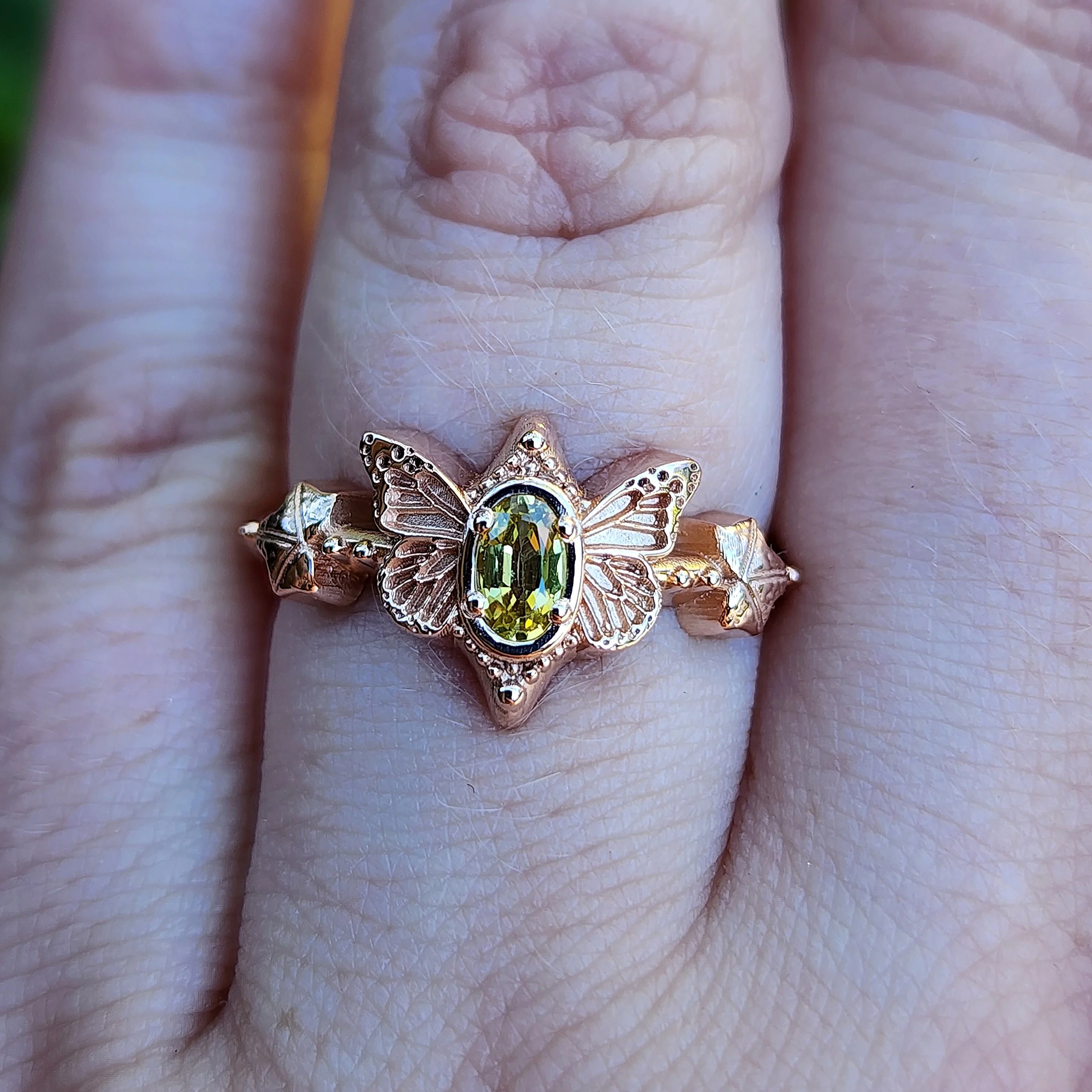 Butterfly Faerie Ring with Oval Sapphire Fairy Fantasy Engagement with Ivy Leaf - Pick your Gemstone Fairytale 14k Gold - Image 6