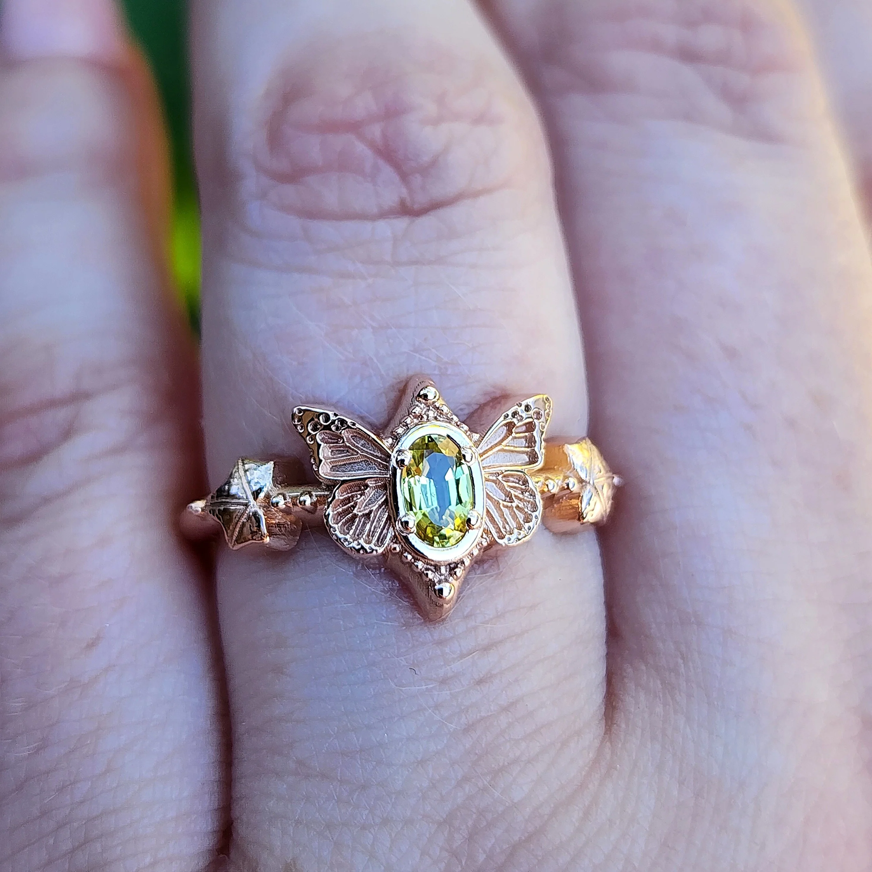 Butterfly Faerie Ring with Oval Sapphire Fairy Fantasy Engagement with Ivy Leaf - Pick your Gemstone Fairytale 14k Gold - Image 8