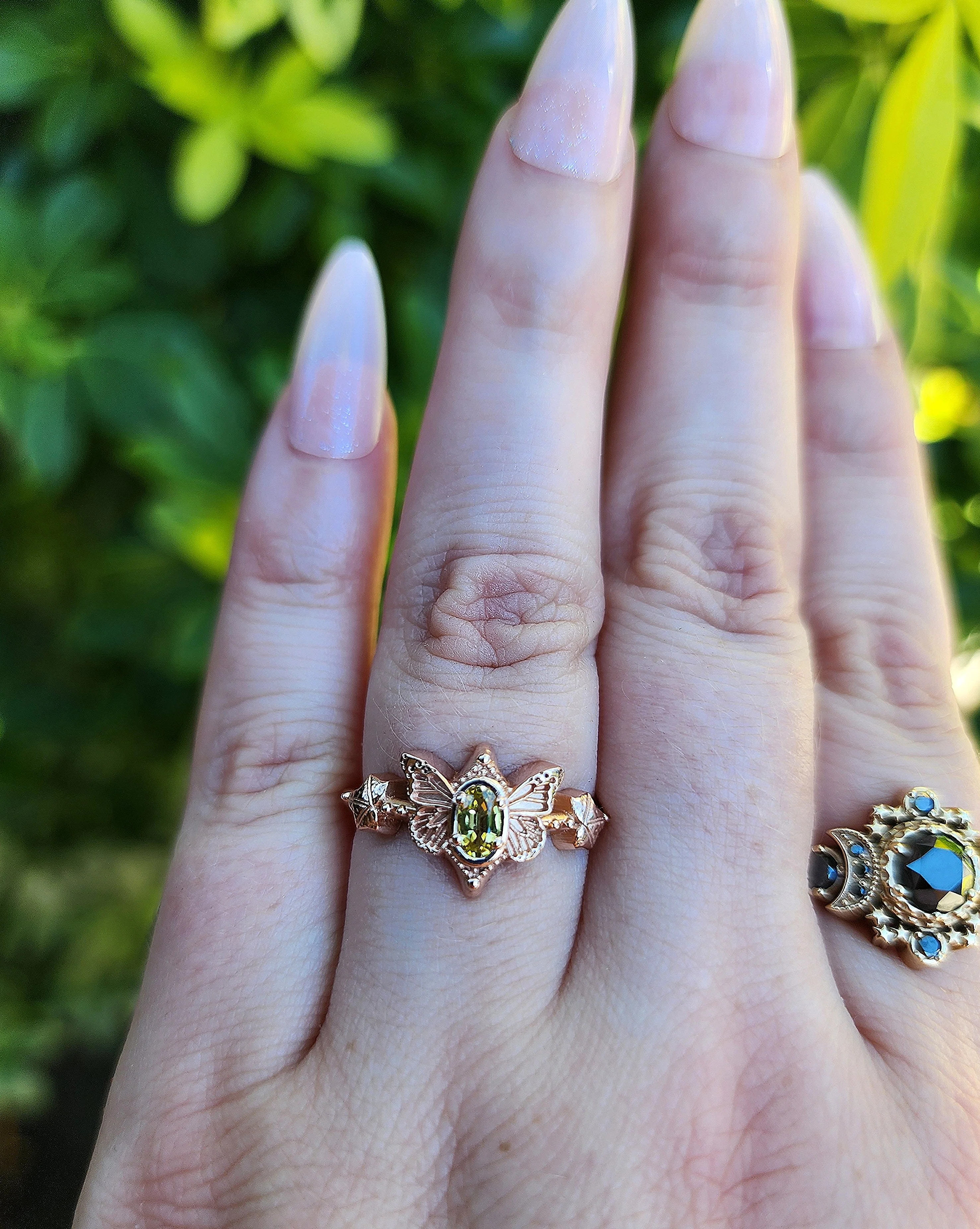 Butterfly Faerie Ring with Oval Sapphire Fairy Fantasy Engagement with Ivy Leaf - Pick your Gemstone Fairytale 14k Gold - Image 9