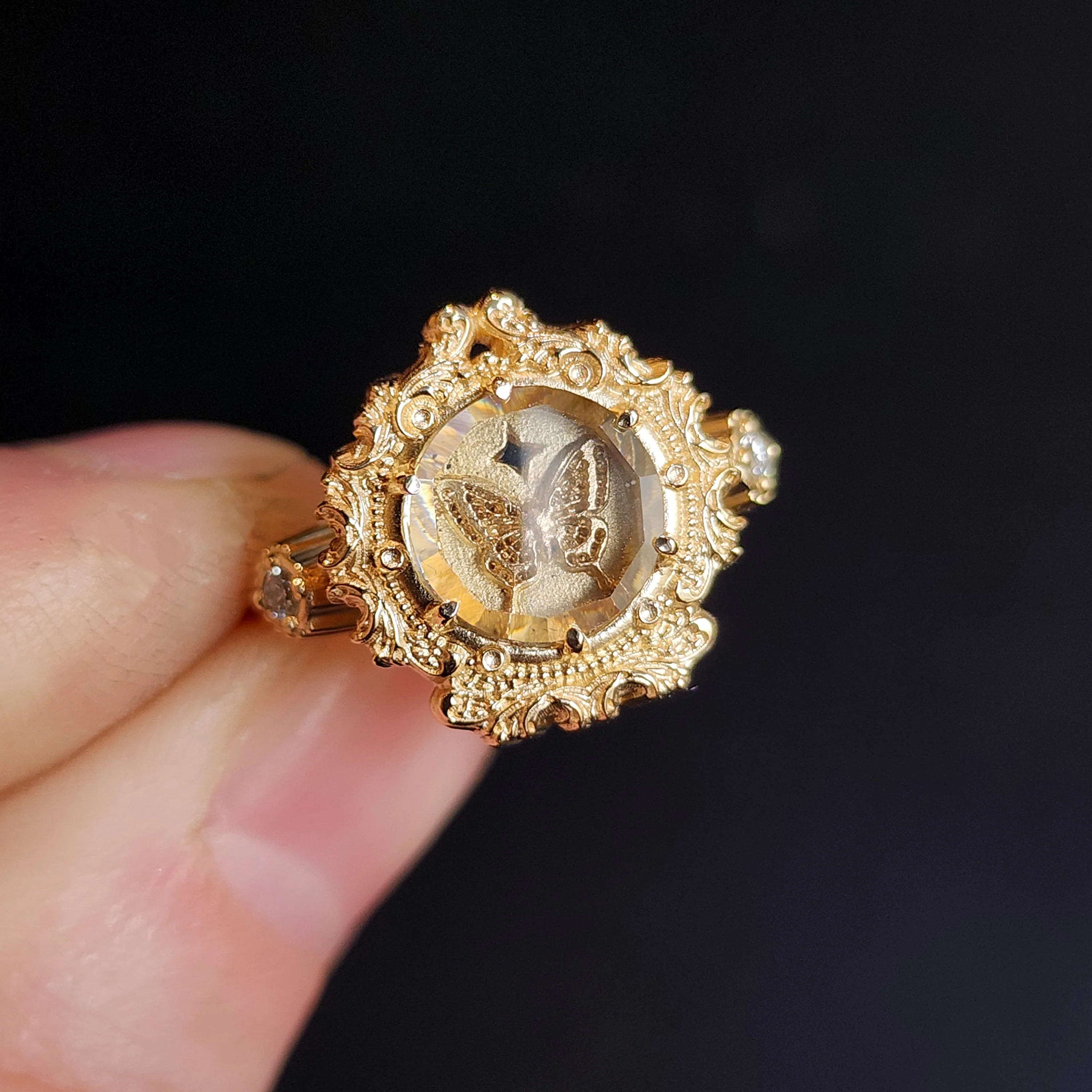 Butterfly Shadowbox Ring with Portrait Cut Moissanite and Diamonds Baroque Frame - 14k Gold Bug Jewelry - Image 10