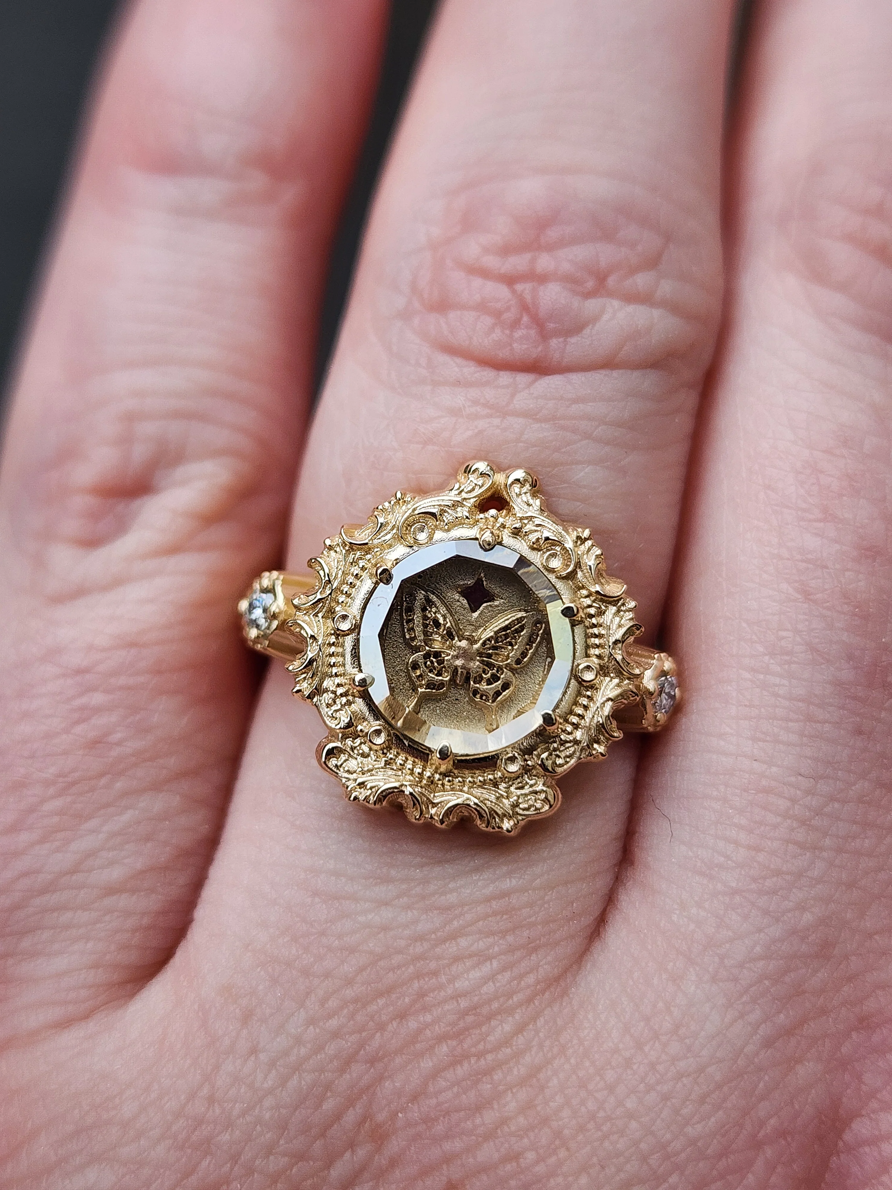 Butterfly Shadowbox Ring with Portrait Cut Moissanite and Diamonds Baroque Frame - 14k Gold Bug Jewelry - Image 11