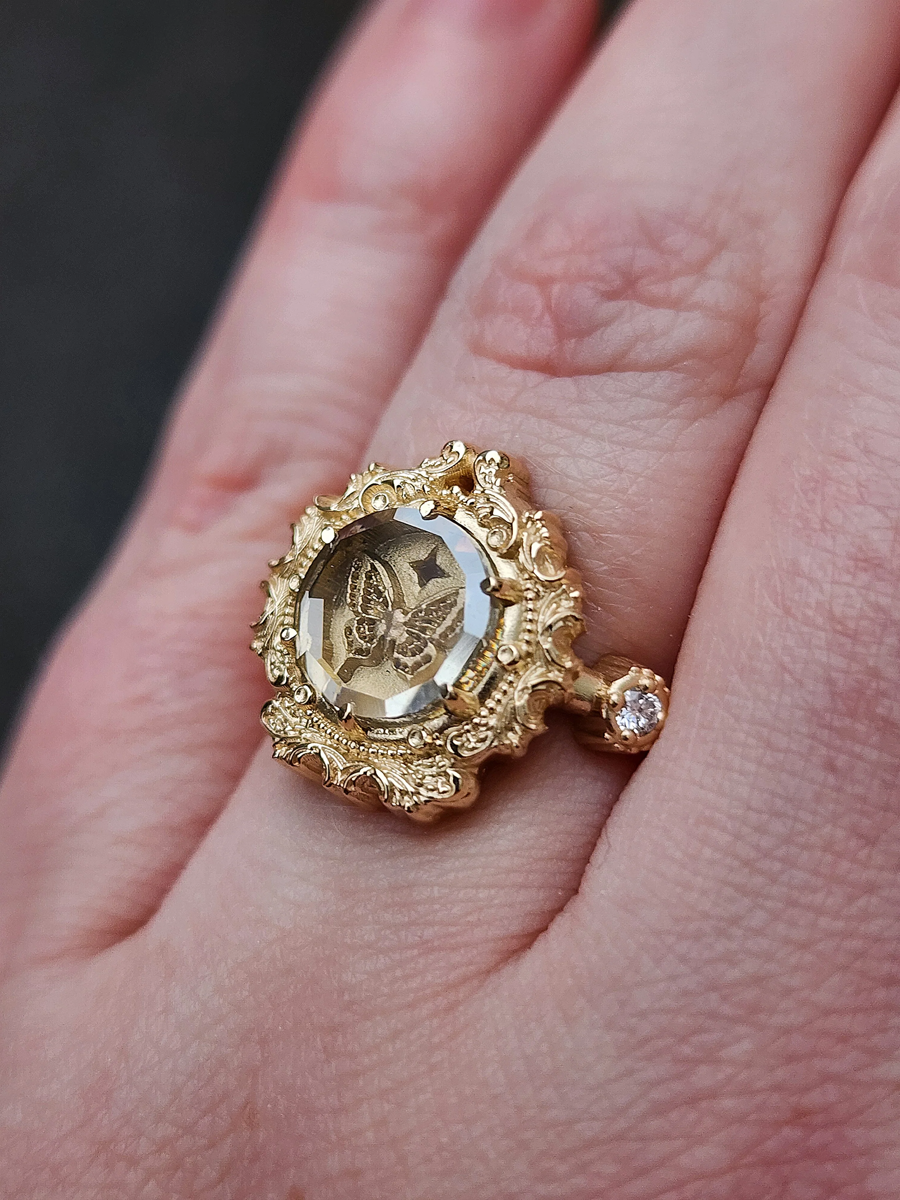Butterfly Shadowbox Ring with Portrait Cut Moissanite and Diamonds Baroque Frame - 14k Gold Bug Jewelry - Image 13