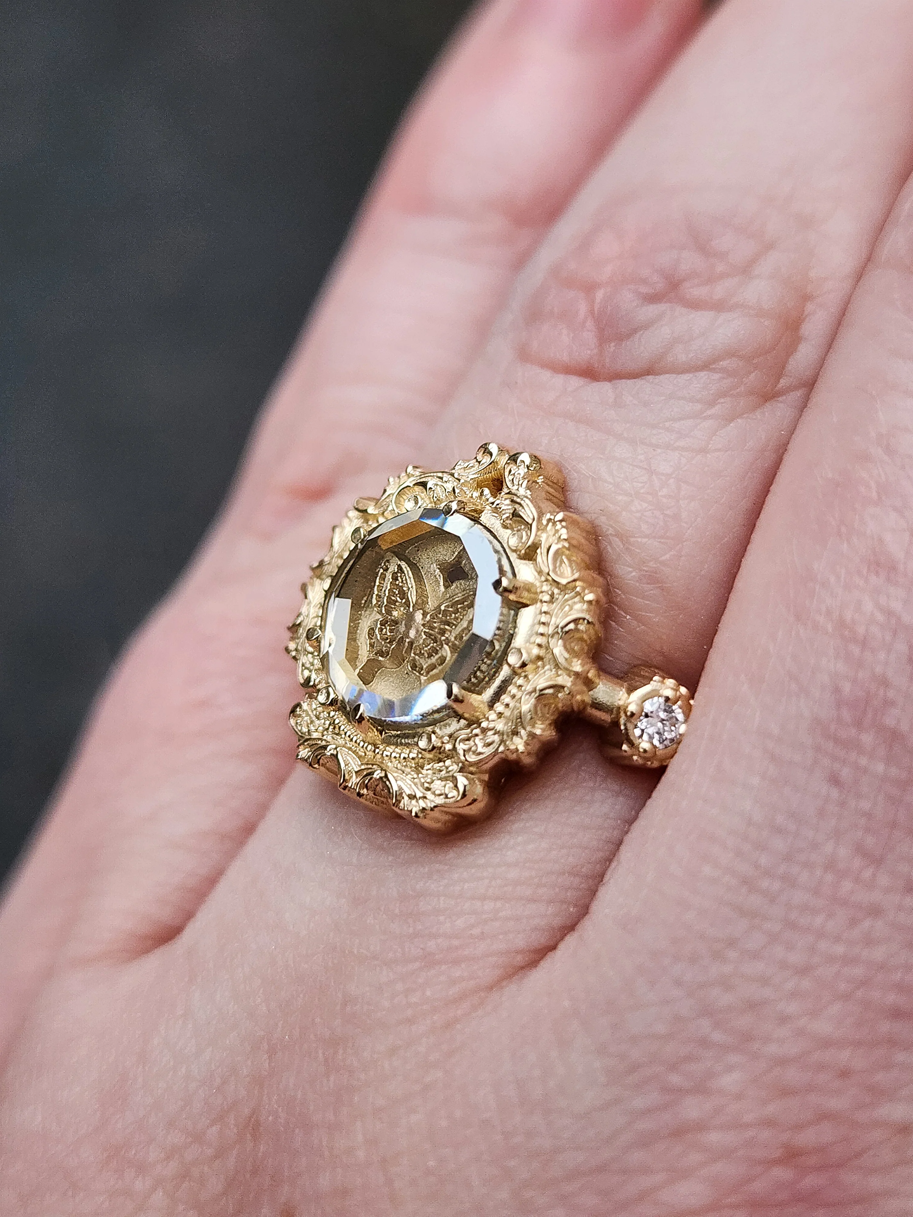 Butterfly Shadowbox Ring with Portrait Cut Moissanite and Diamonds Baroque Frame - 14k Gold Bug Jewelry - Image 14