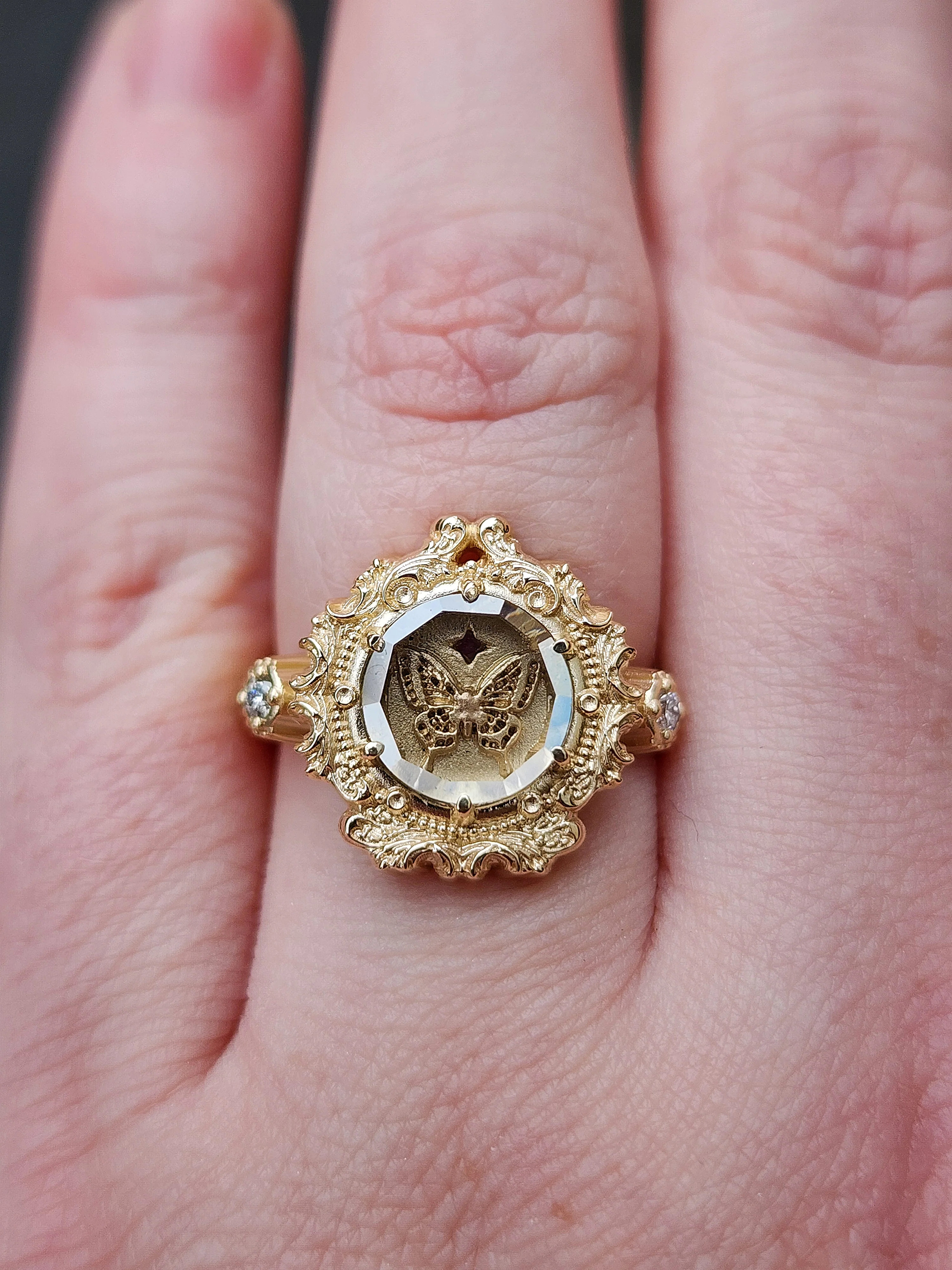 Butterfly Shadowbox Ring with Portrait Cut Moissanite and Diamonds Baroque Frame - 14k Gold Bug Jewelry - Image 15