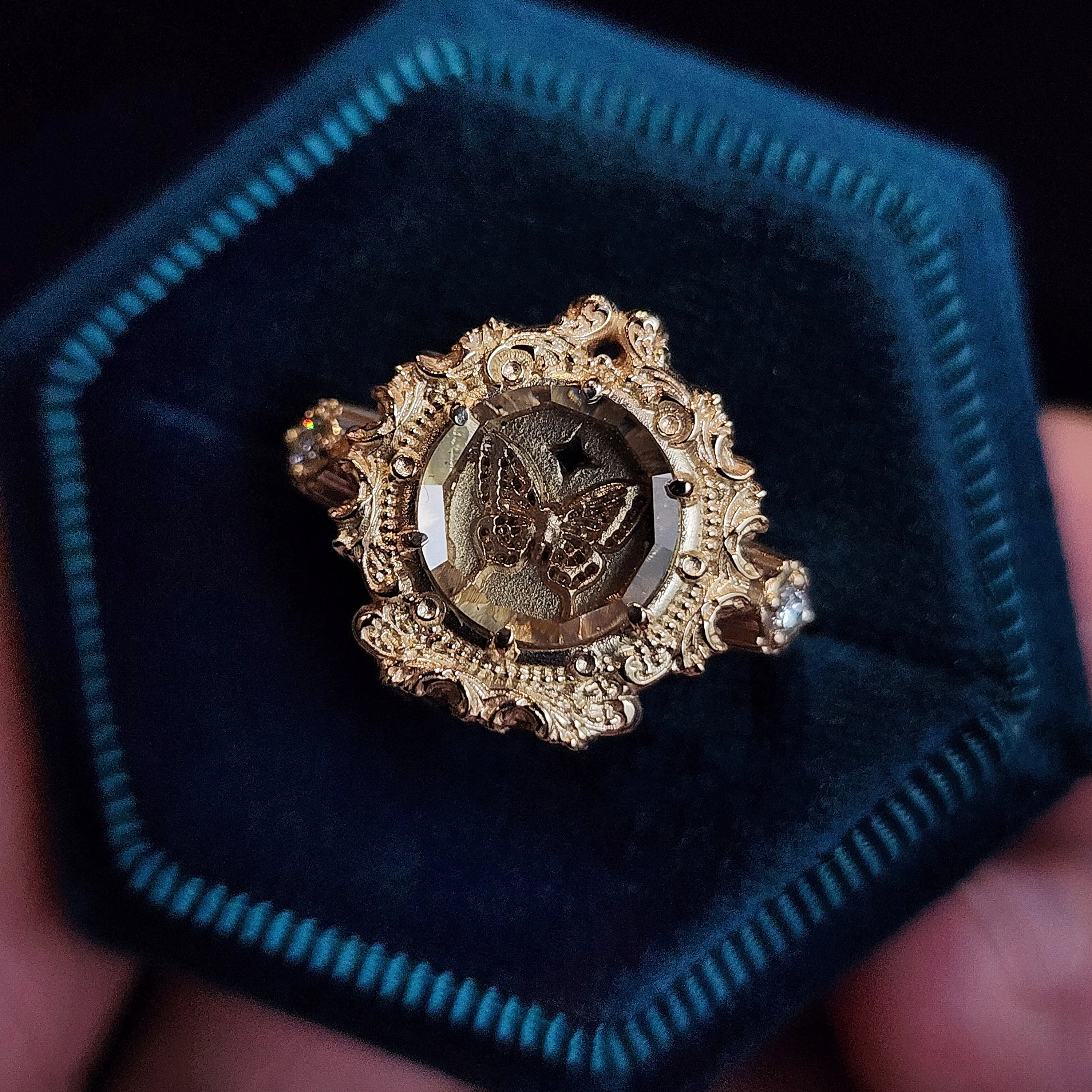 Butterfly Shadowbox Ring with Portrait Cut Moissanite and Diamonds Baroque Frame - 14k Gold Bug Jewelry - Image 3