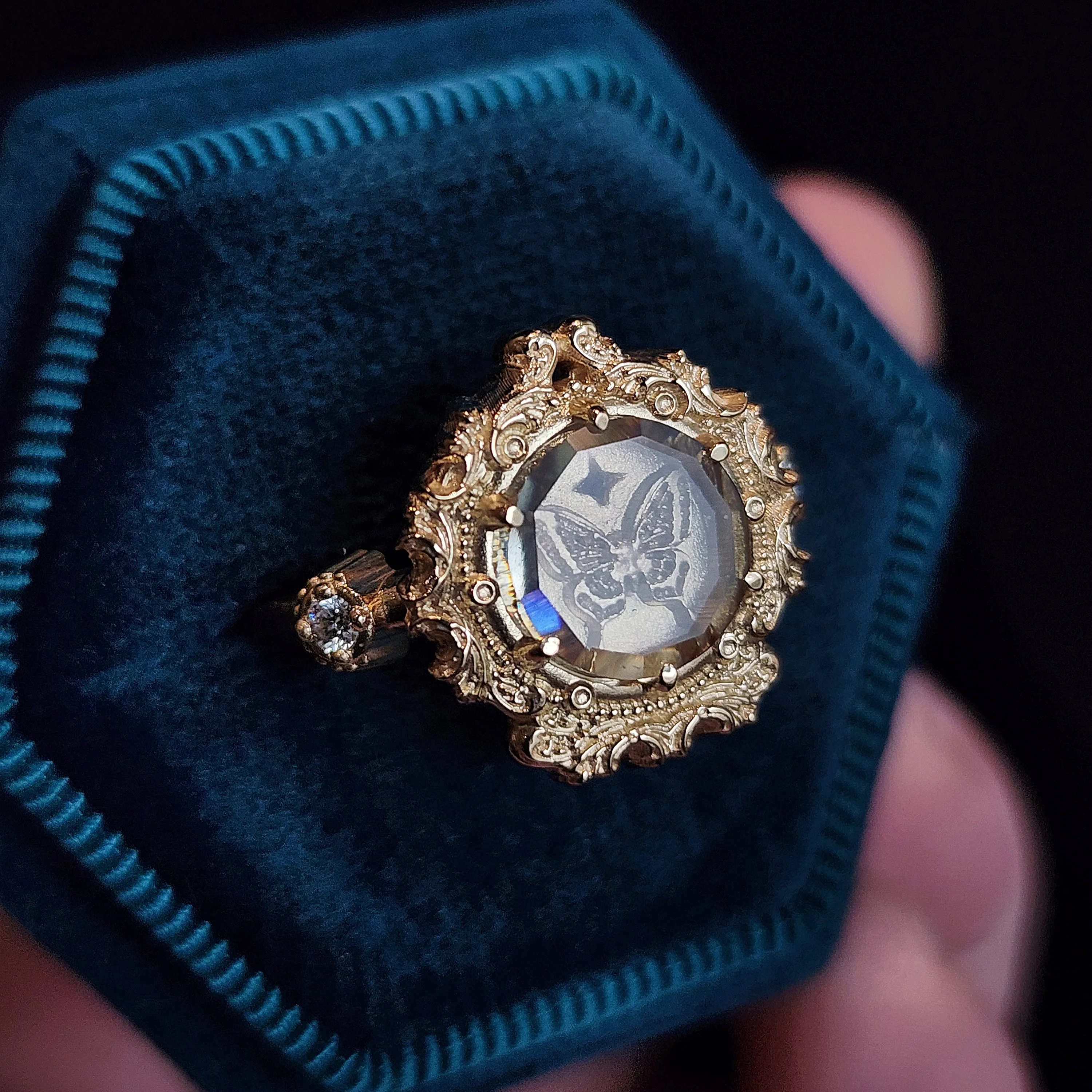 Butterfly Shadowbox Ring with Portrait Cut Moissanite and Diamonds Baroque Frame - 14k Gold Bug Jewelry - Image 4