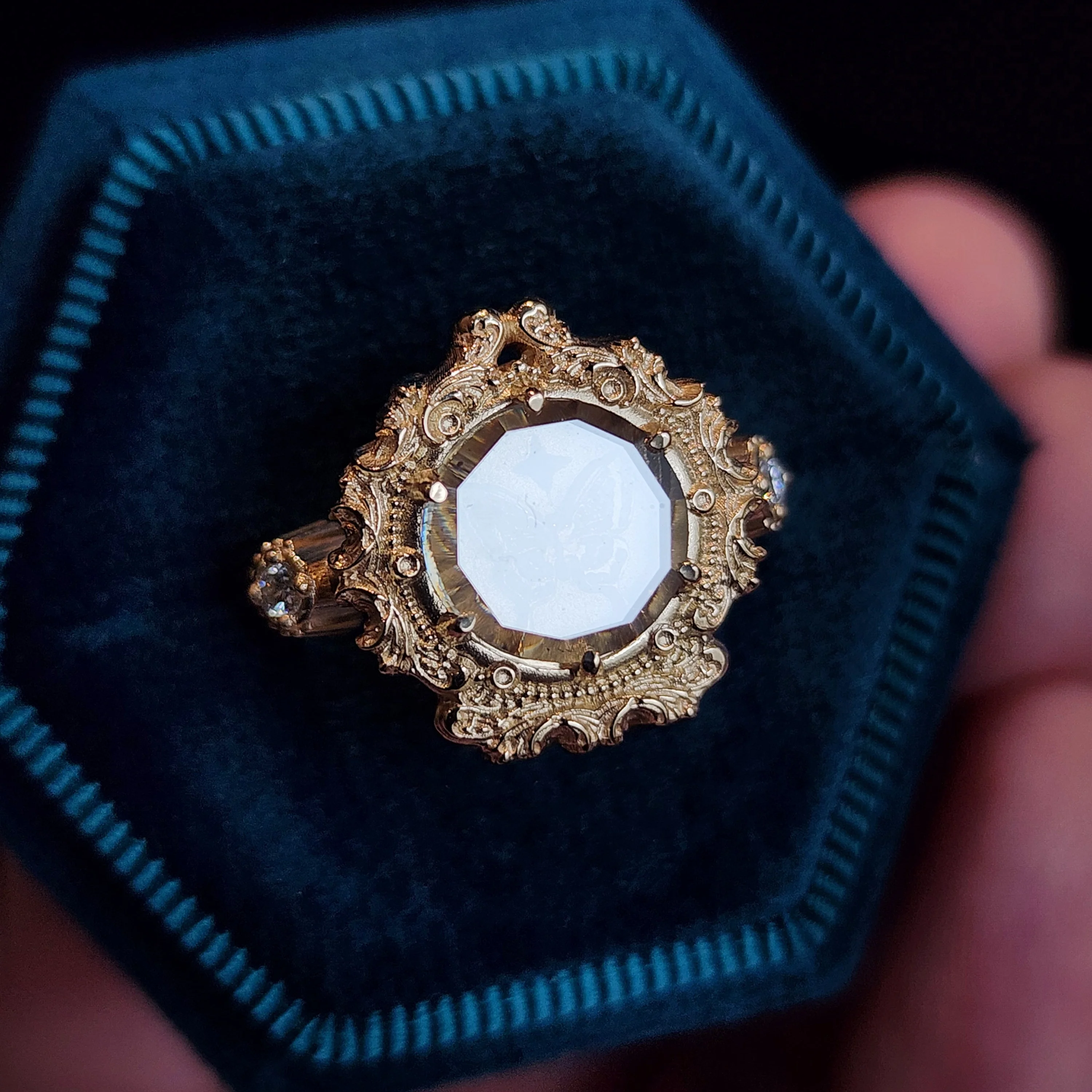 Butterfly Shadowbox Ring with Portrait Cut Moissanite and Diamonds Baroque Frame - 14k Gold Bug Jewelry - Image 5